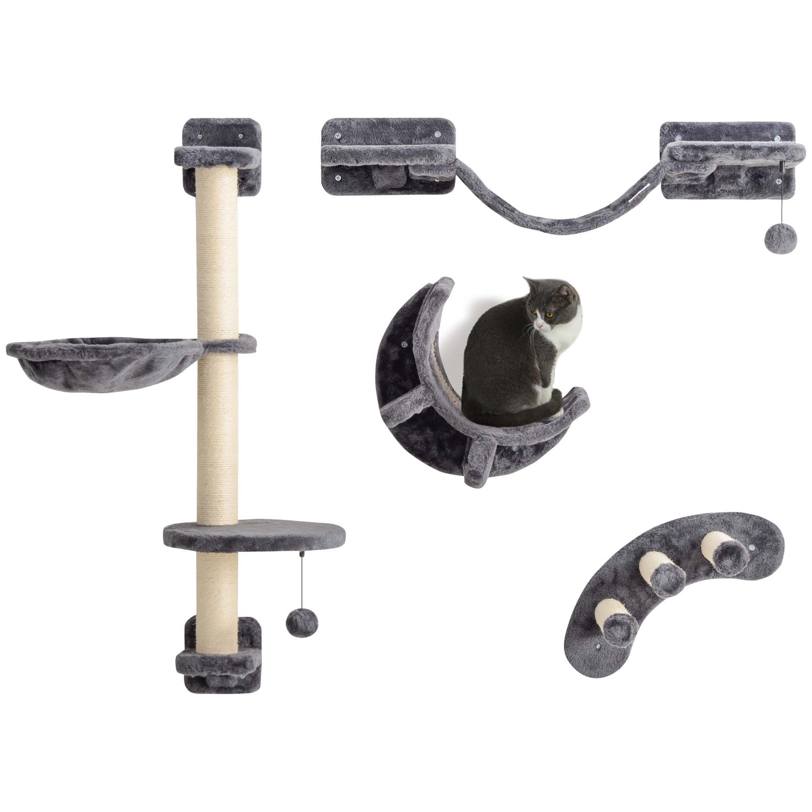 4-piece Cat Wall Furniture W/ Hammock, Ladder, Platforms - Dark Grey | Dark Grey