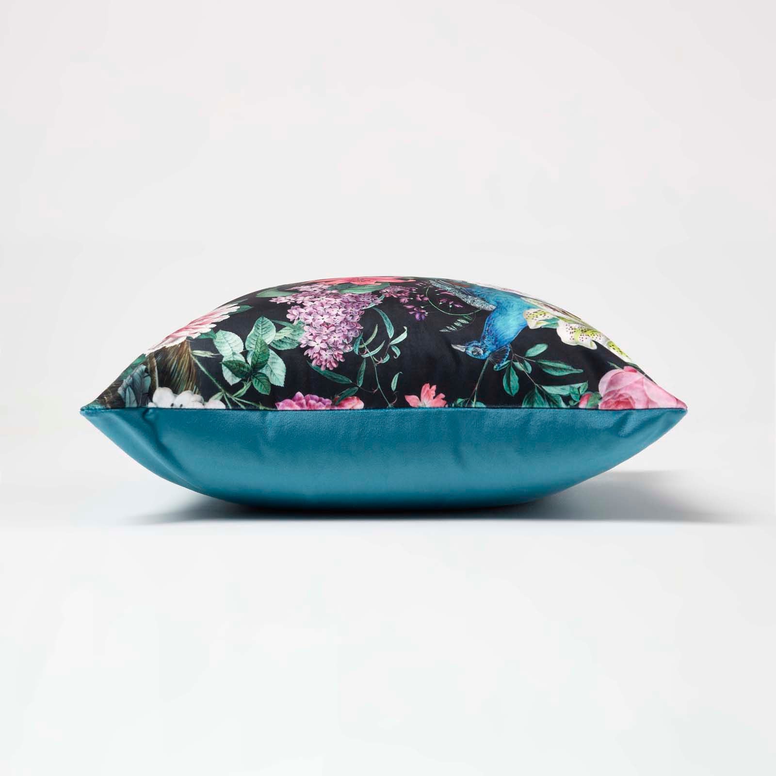 Floral Peacock Filled Velvet Cushion 46 X 46 Cm | 45cm x 45cm | Teal