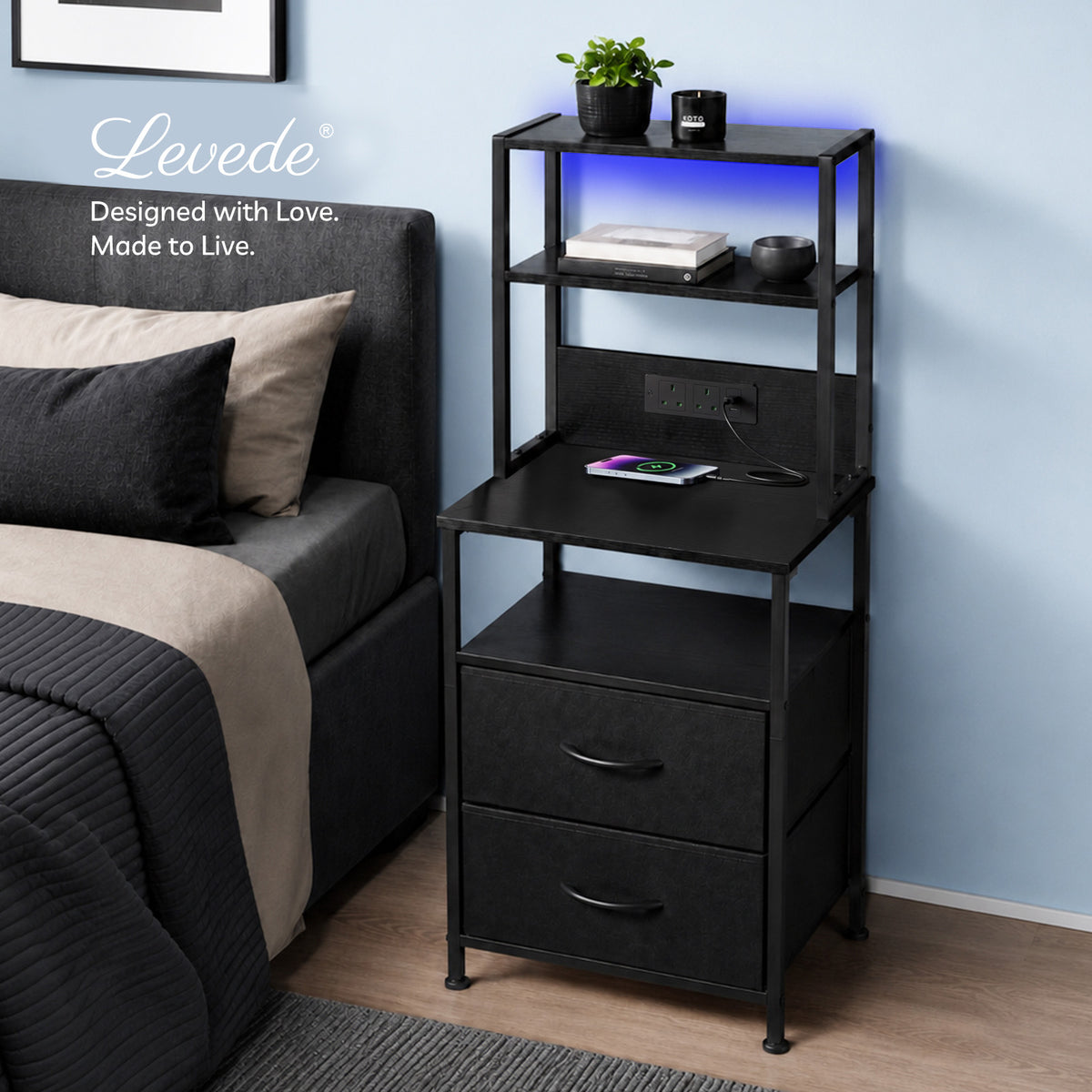 Levede Bedside Table With Charging Station,led Light 2 Drawers Storage Black