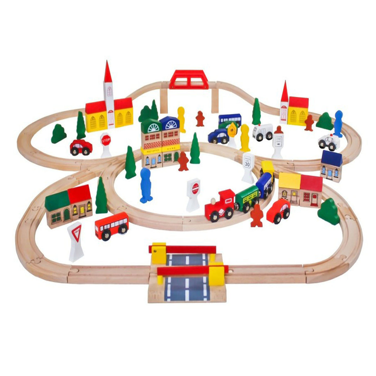 Kids Wooden Train Set 100 Pieces – City Railway Track & Traffic Building Toy