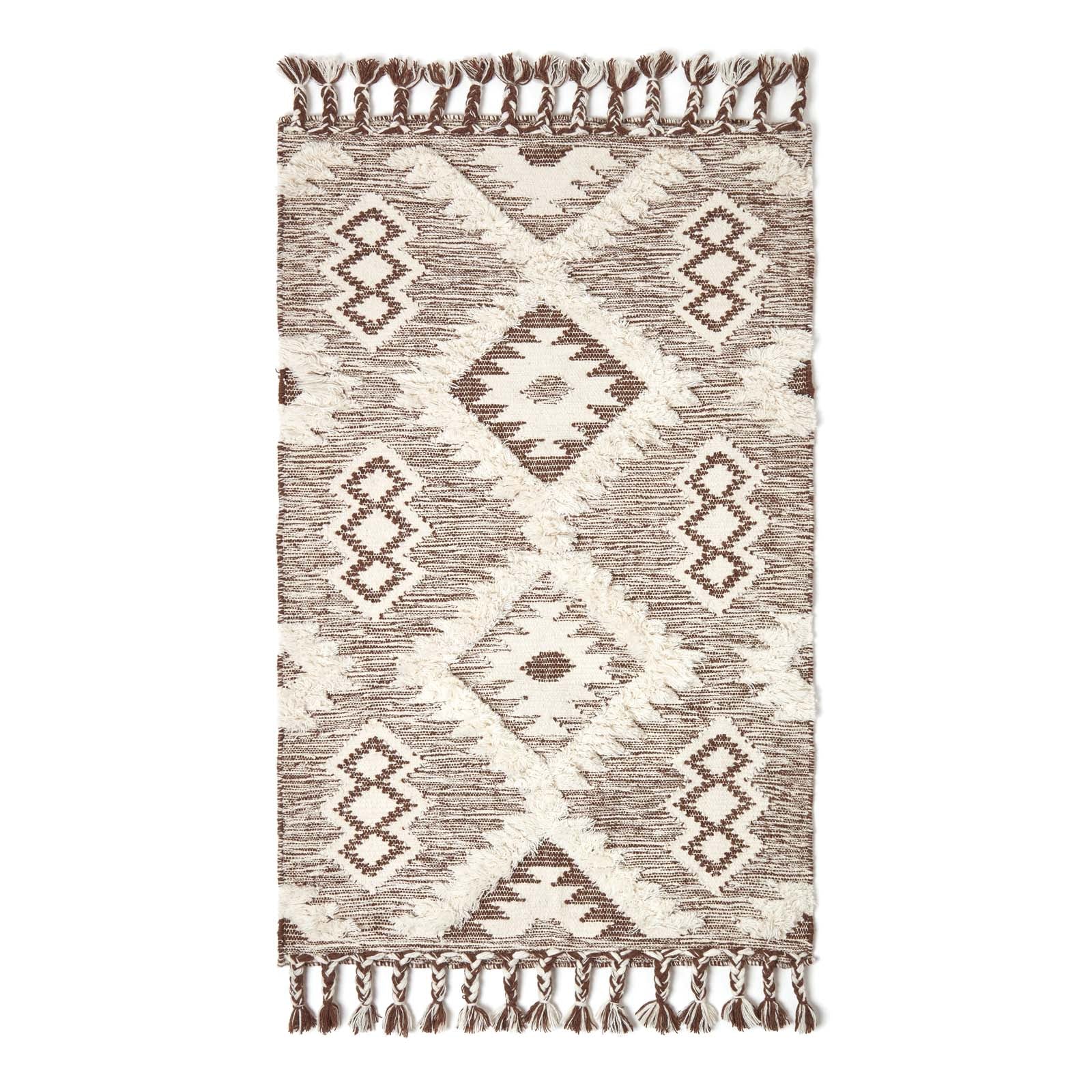 Lhasa Handwoven Brown And Cream Diamond  Kilim Wool Rug | 150cm x 220cm | Cream & Brown