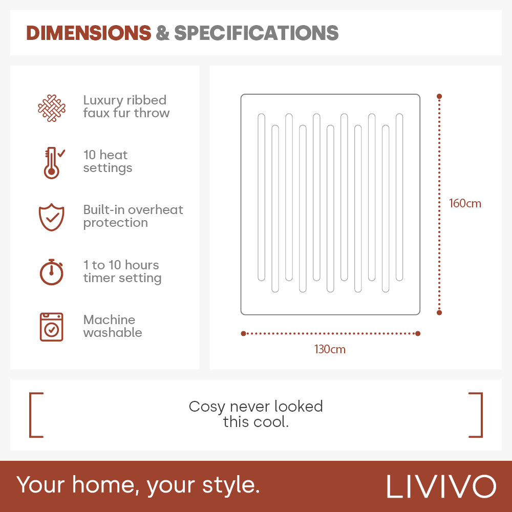 Ribbed Faux Fur Electric Heated Throw 10 Heat Settings