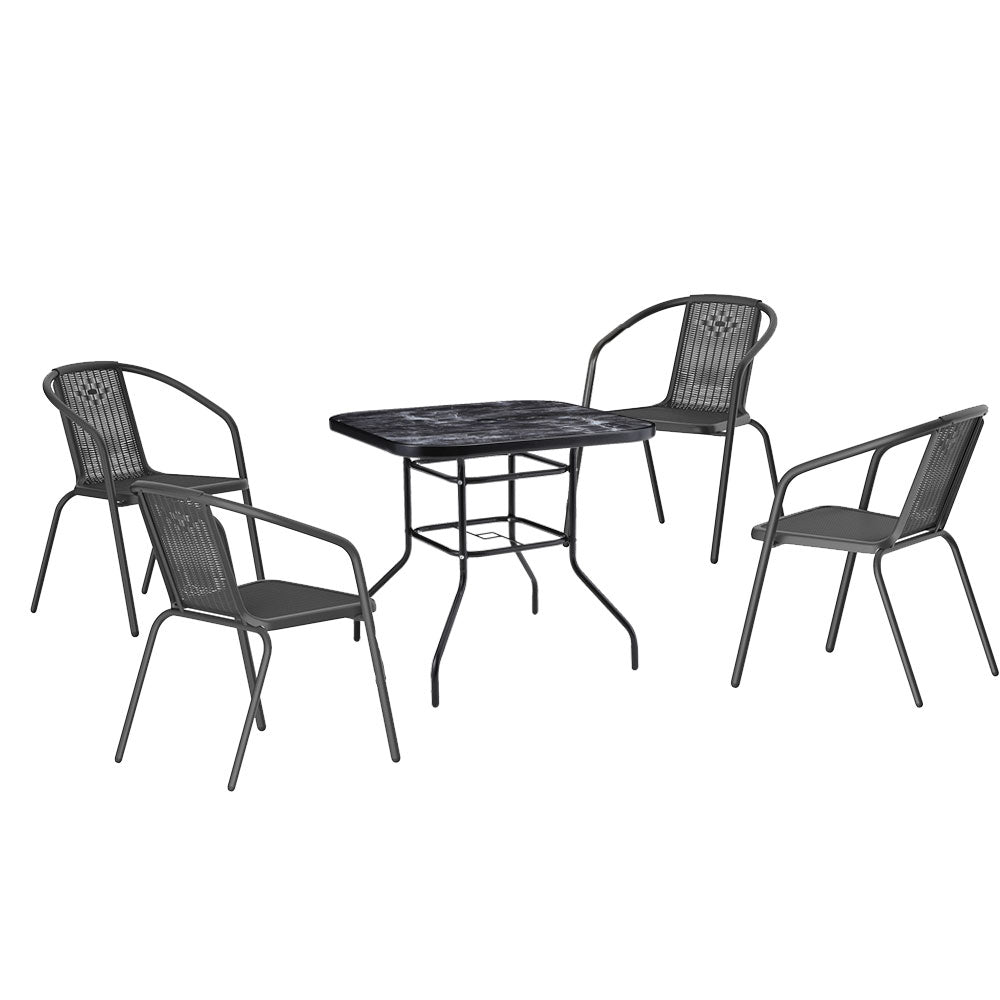 5 Pieces Garden Dining Set Garden Tempered Glass Square Table With Rattan Chairs