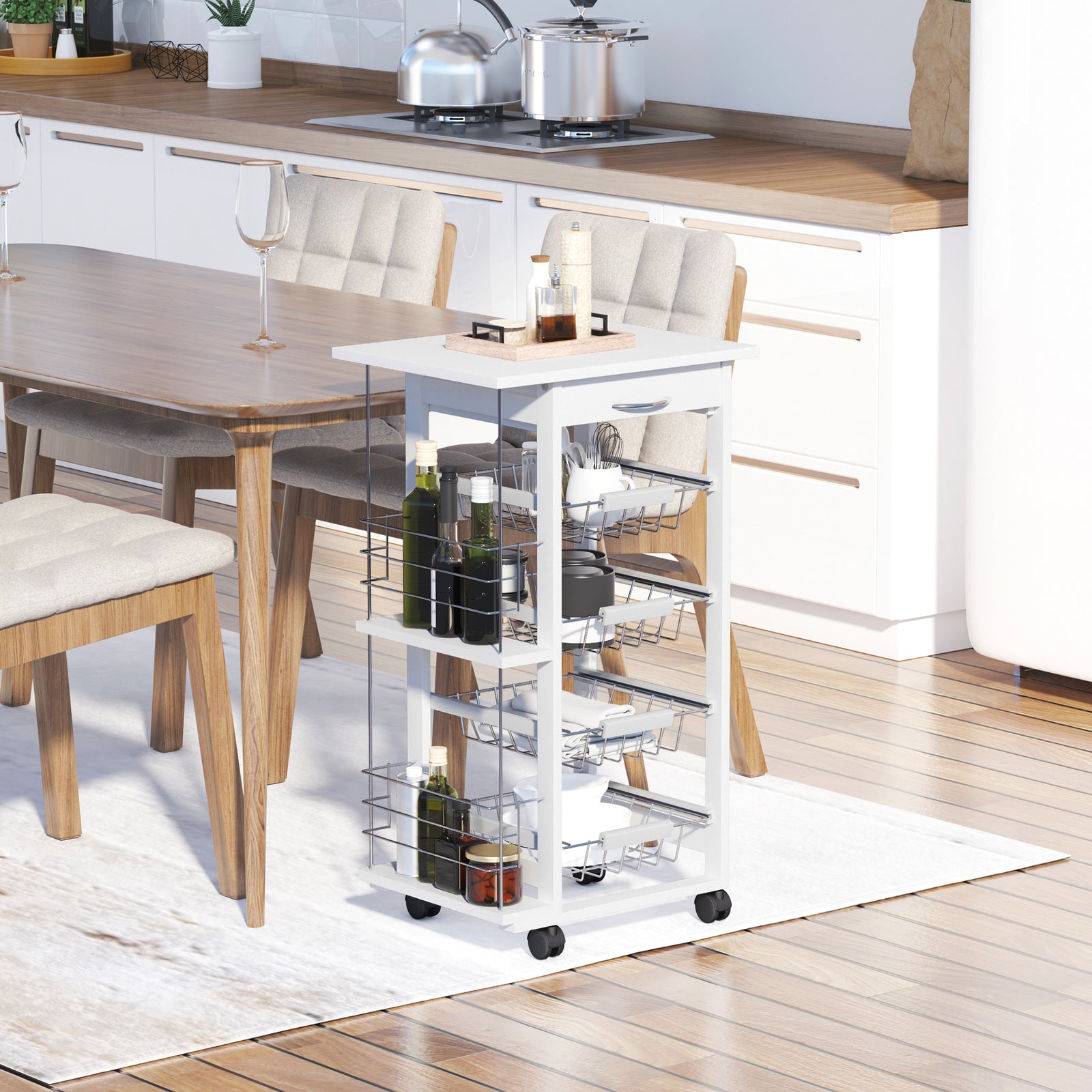 Kitchen Island Trolley W/ 4 Baskets 2 Side Racks Drawer | White