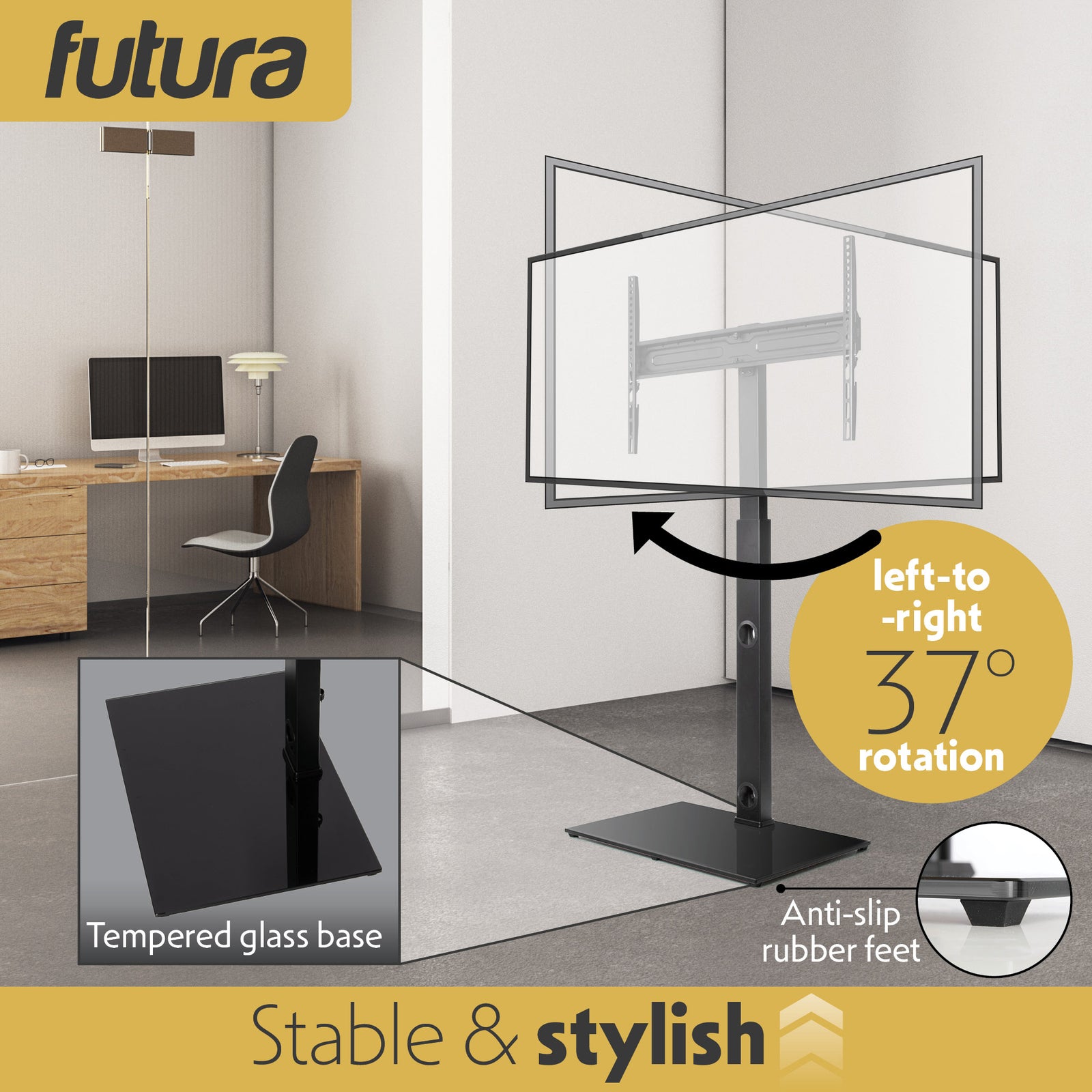 Universal Tv Stand 30 To 75 Inch Tvs, Swivel & Height Adjustable, 40kg Load, Max Vesa 600x400mm, Tempered Glass Base