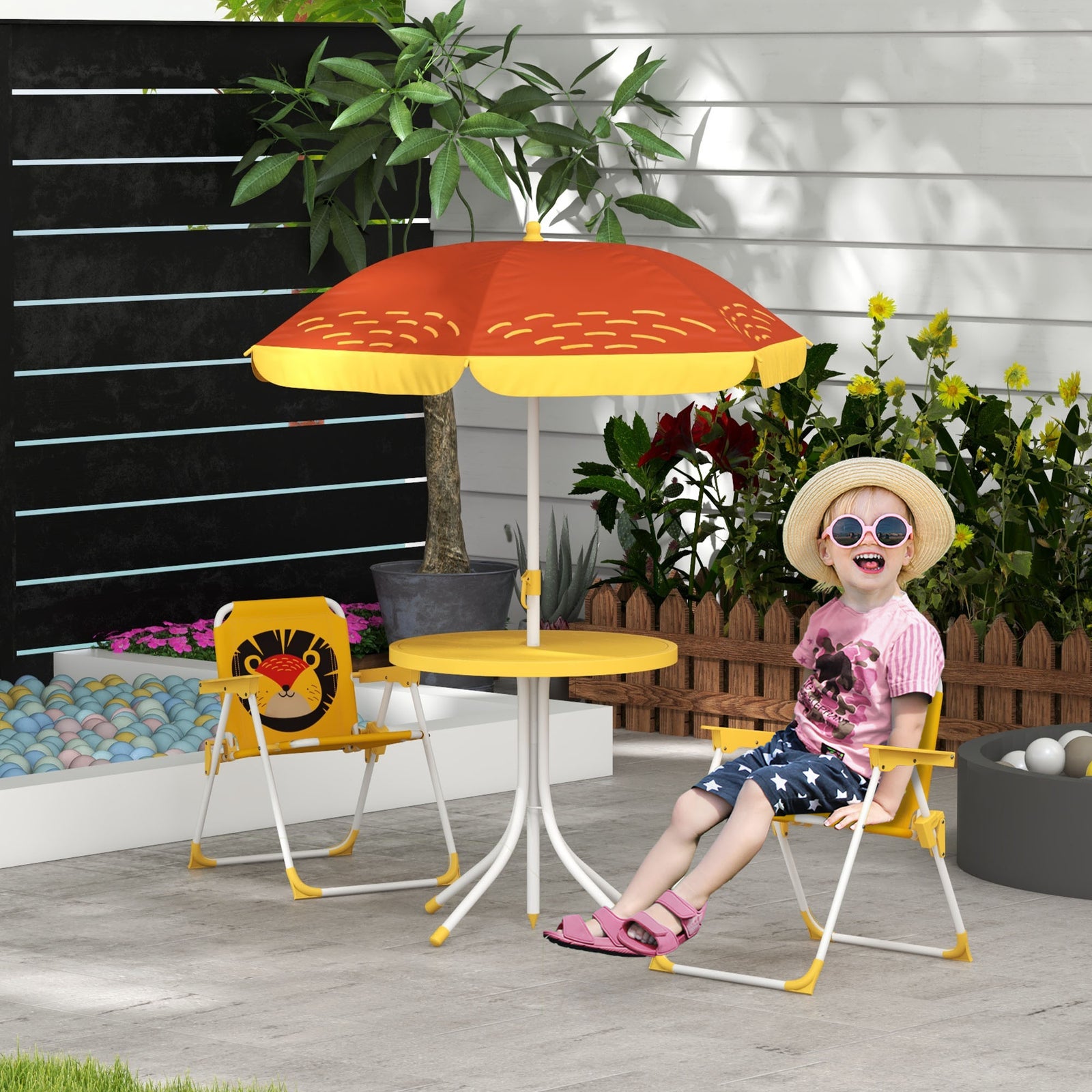 Kids Bistro Table And Chair Set W/ Lion Theme, Adjustable Parasol