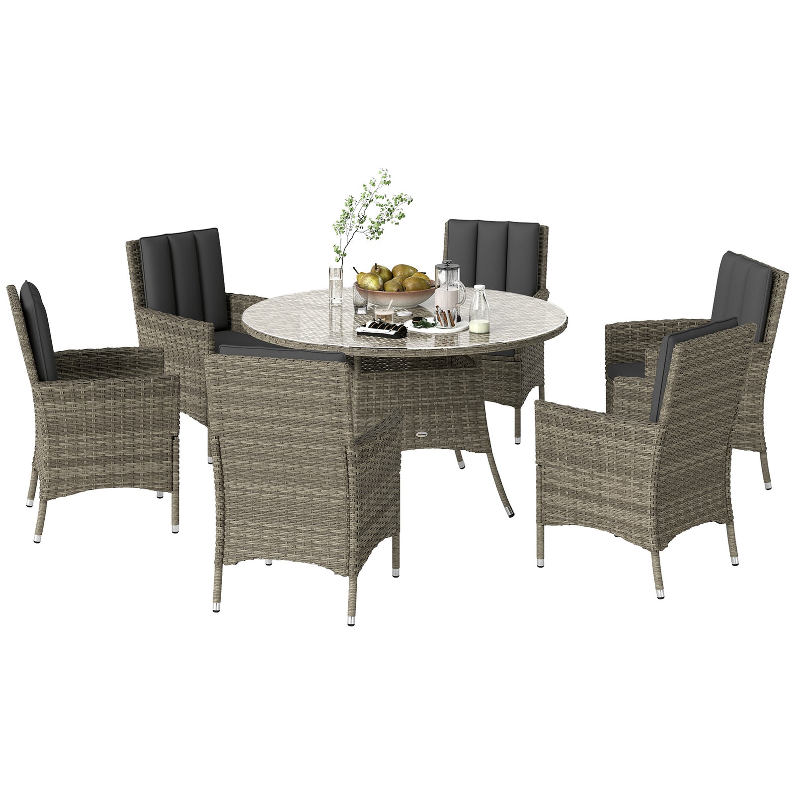 7-piece Pe Rattan Set, Outdoor Dining With Cushions