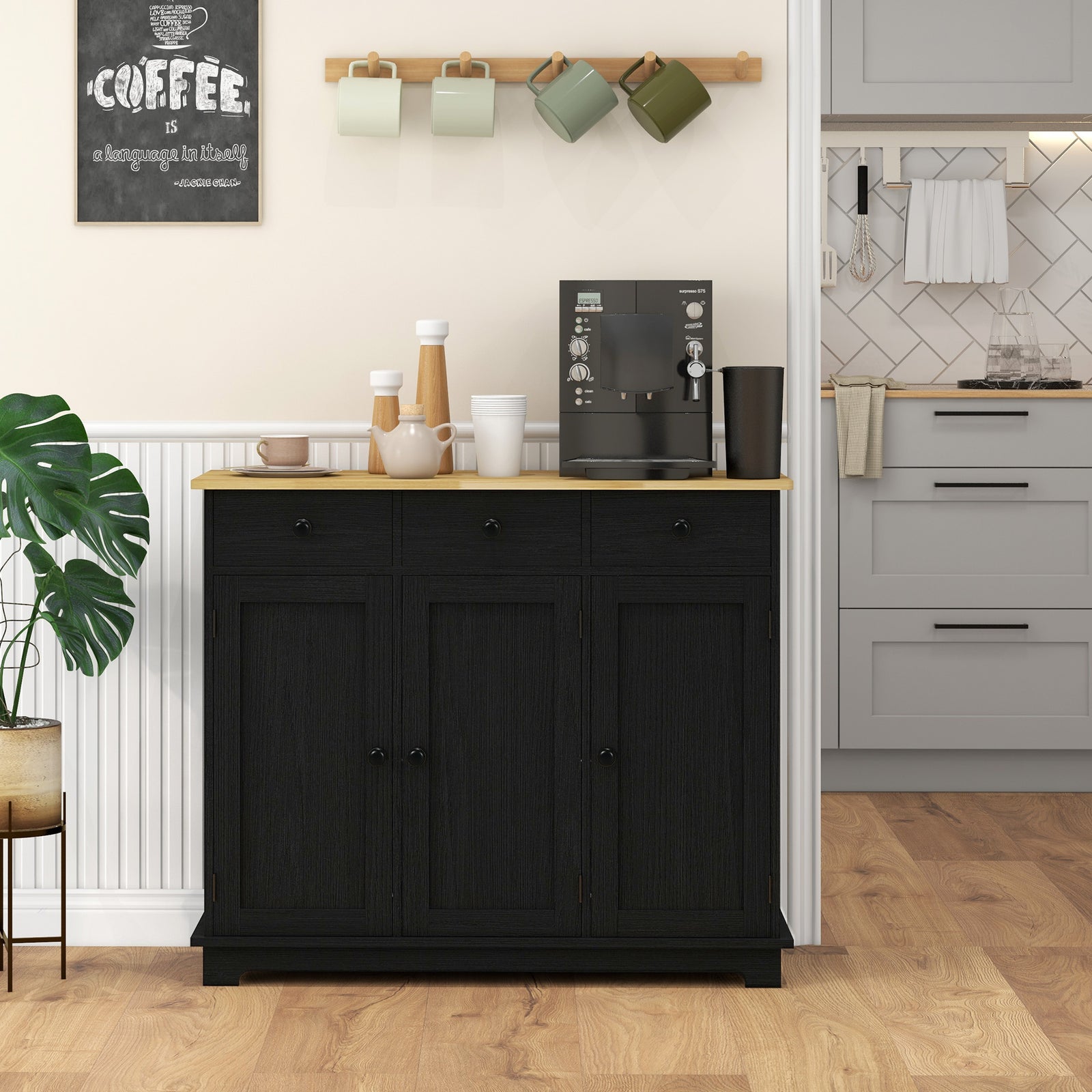Sideboard Buffet Cabinet With Rubber Wood Top And Drawers | Black