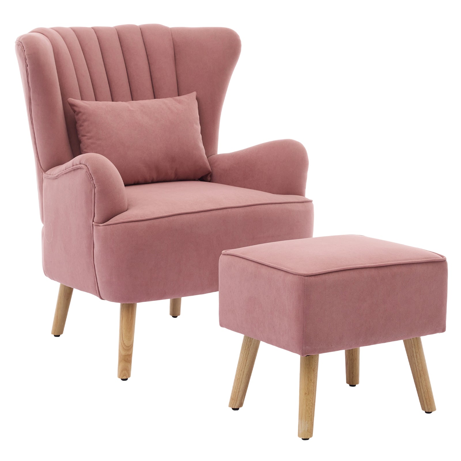 Modern Wingback Accent Chair Armchair With Footstool And Lumbar Pillow | Pink