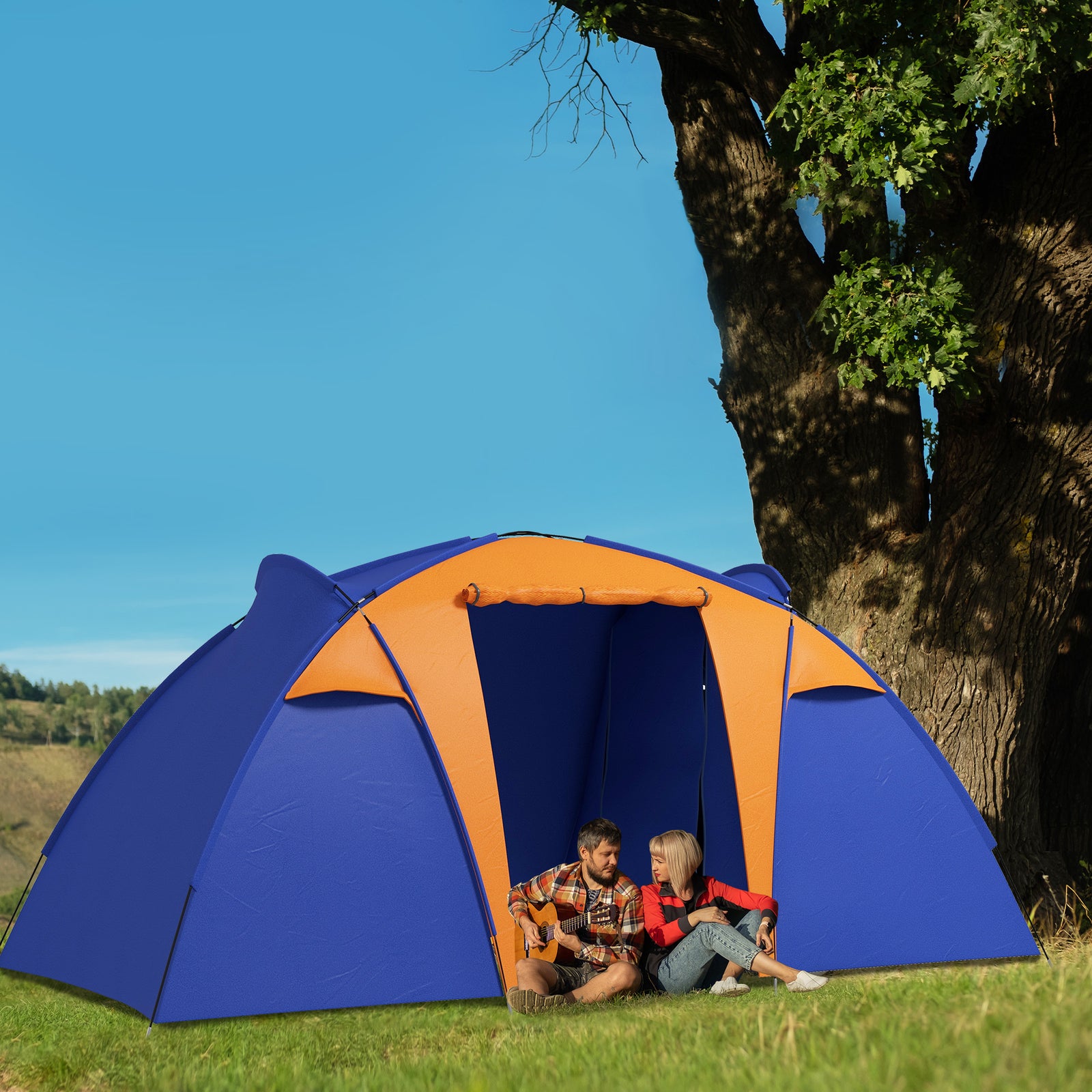 Large Camping Tent W/ 2 Bedroom, Living Area, Awning For 4-6