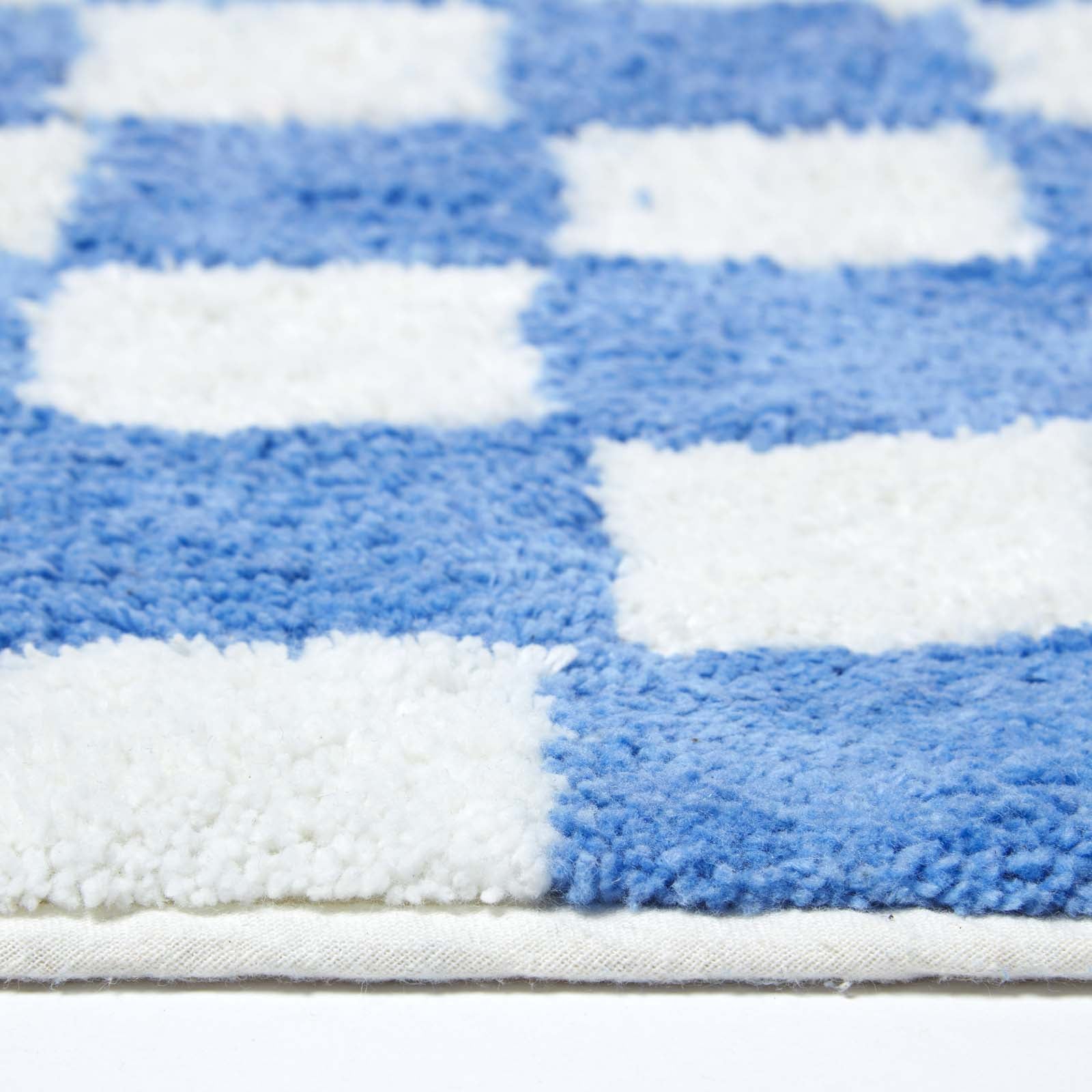 100% Cotton Non Slip Checked Bath Mat | 50 x 80cm | Blue & White