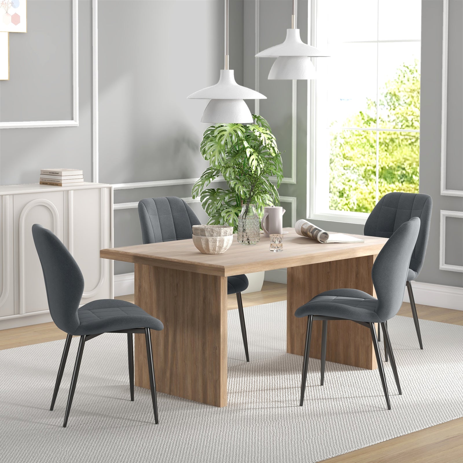 Dining Chairs Set Of 4, Flannel Upholstered Kitchen Chairs | Dark Gray