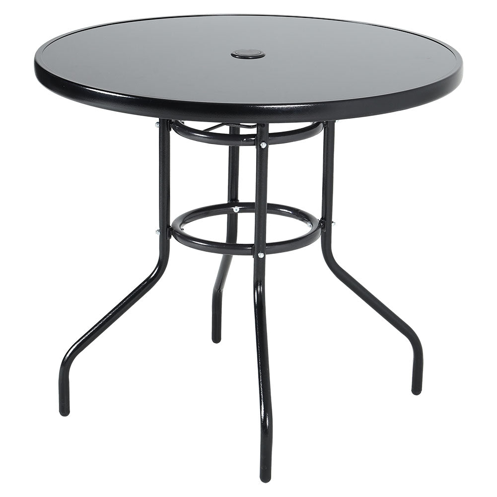 Round Metallic And Tempered Glass Garden Table With Parasol Hole Outdoor - 80cm/105cm Dia X 72 Cm H | Medium | Black