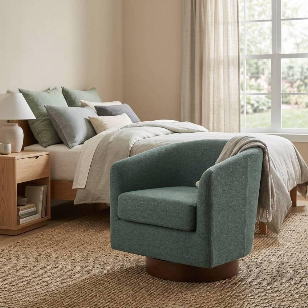 Modern Swivel Accent Chair With Linen Upholstery, Barrel Back Design, 360° Rotating Base, Foam Cushioned Seat & Wooden Frame
