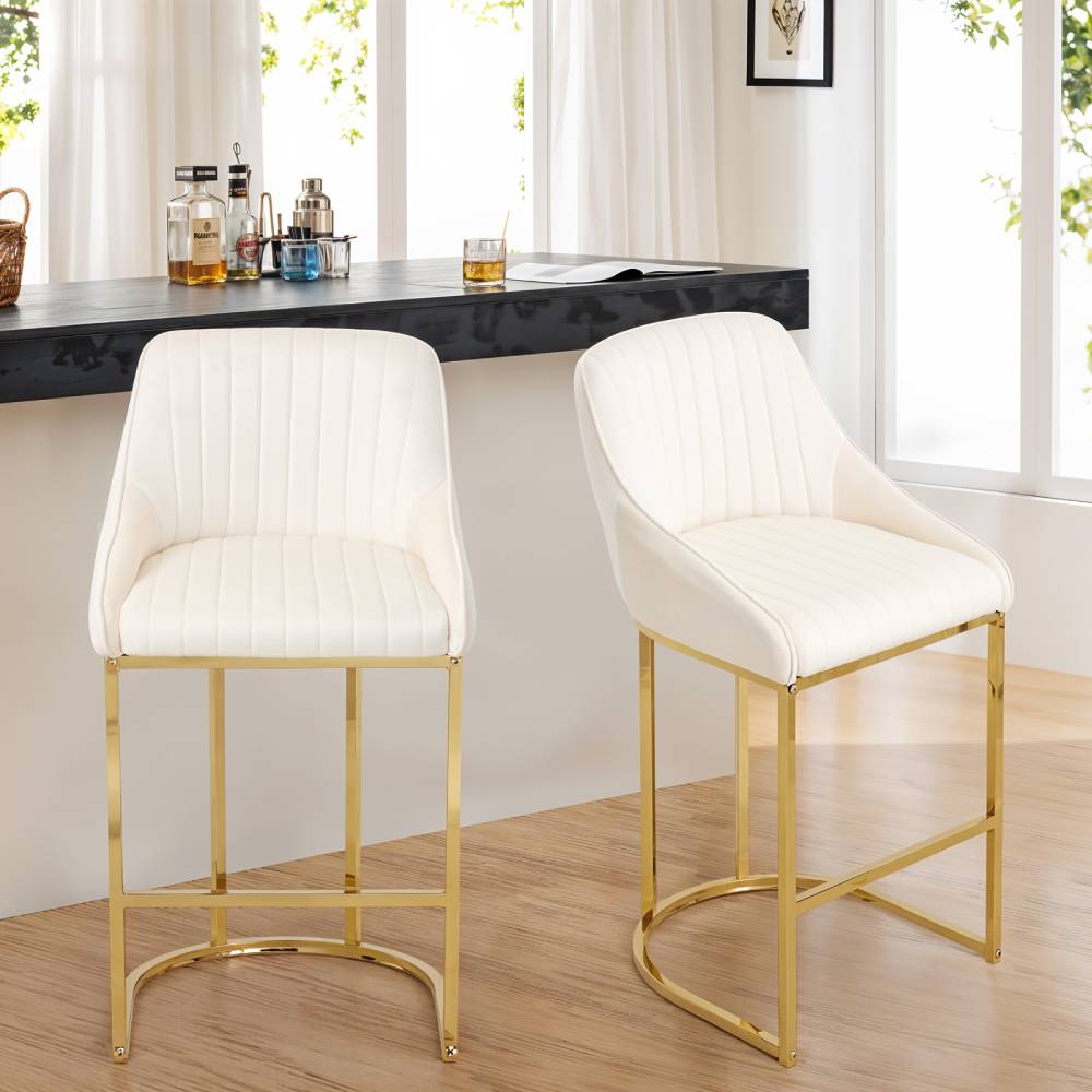 Modern Velvet Upholstered Bar Stools With Metal Legs, Set Of 2 – Contemporary Design, Comfortable Padded Seat, And Anti-slip Base | White