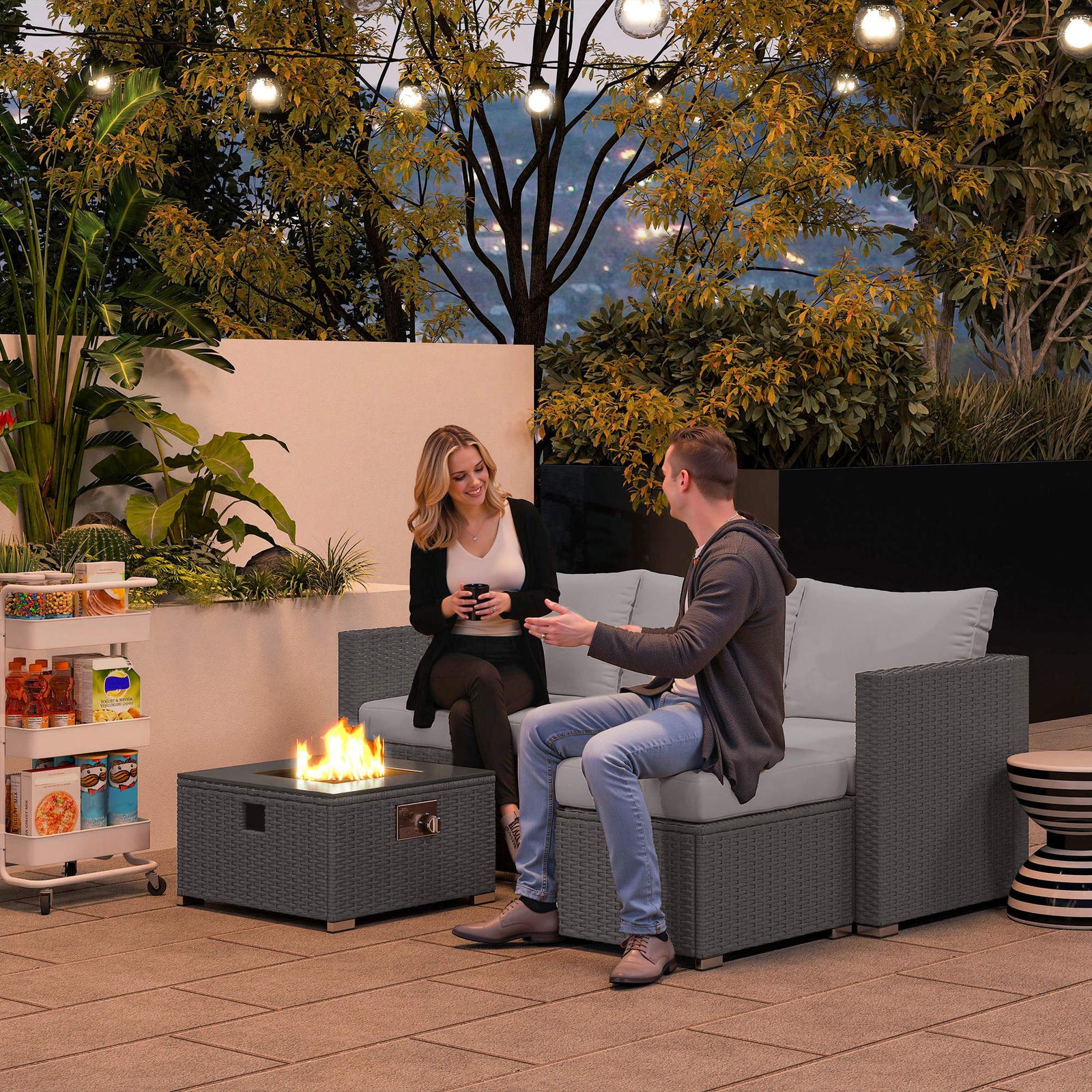 5 Piece Rattan Set With Gas Fire Pit | Grey