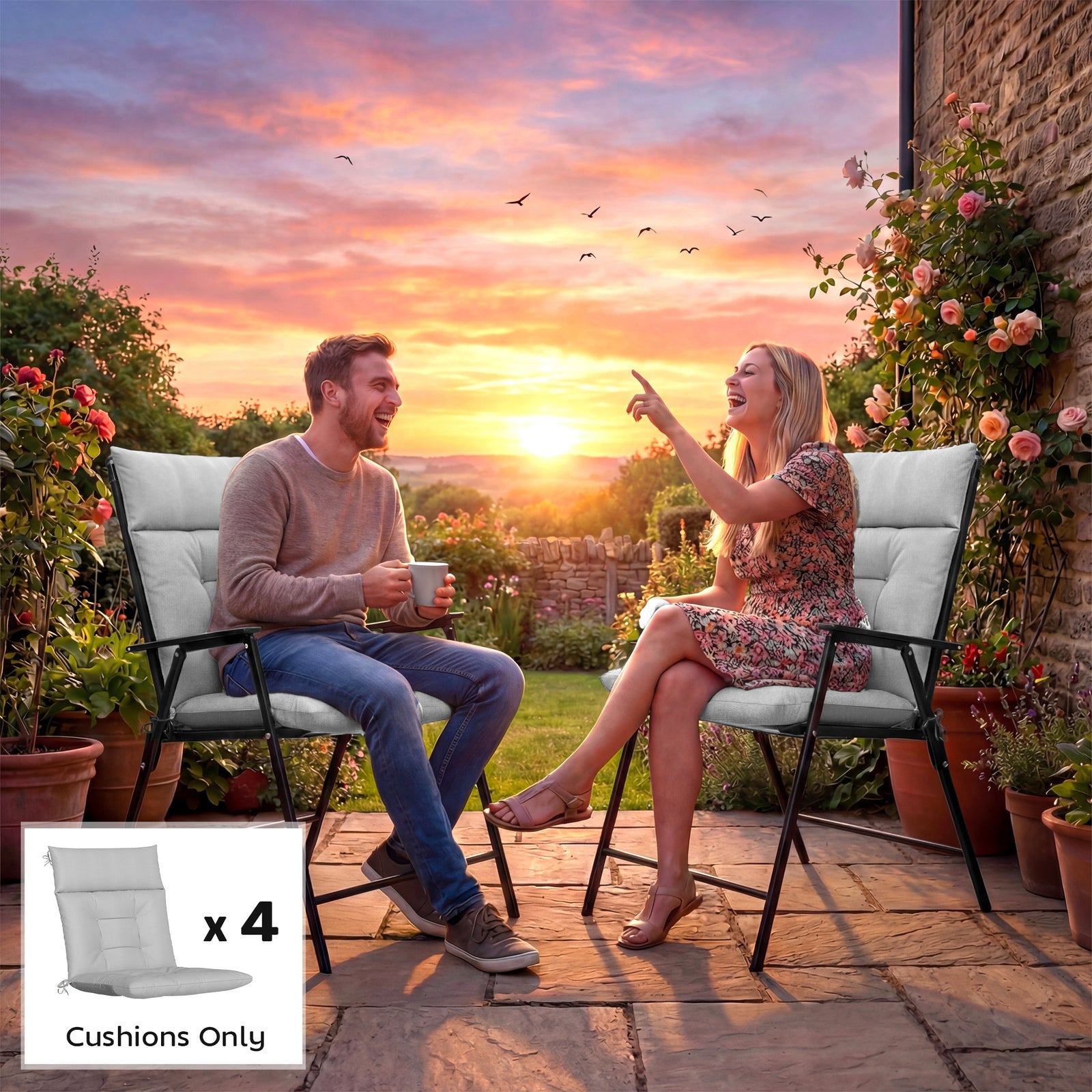 Garden Chair Cushions Set Of 4, Waterproof Seat Pads | Light Grey