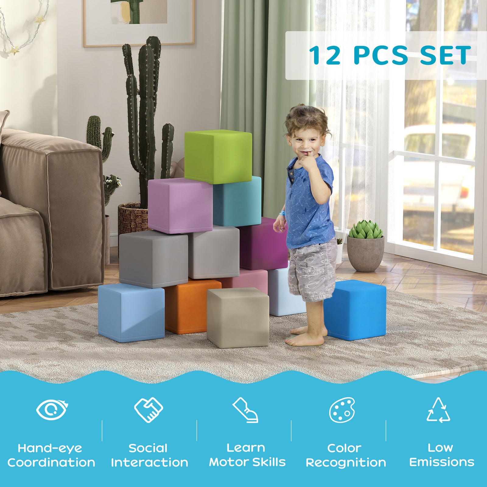 12 Piece Soft Play Blocks Soft Foam Toy Building Stacking Block For Kids | Blue