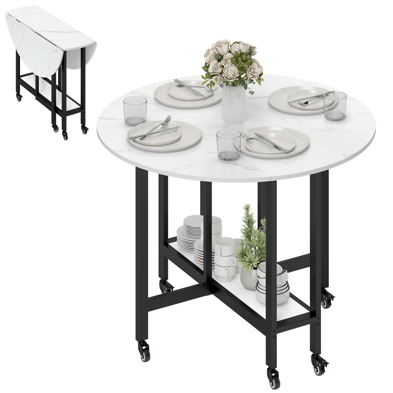 Folding Dining Table, Drop Leaf Table With Open Shelf, White Marble | L | White