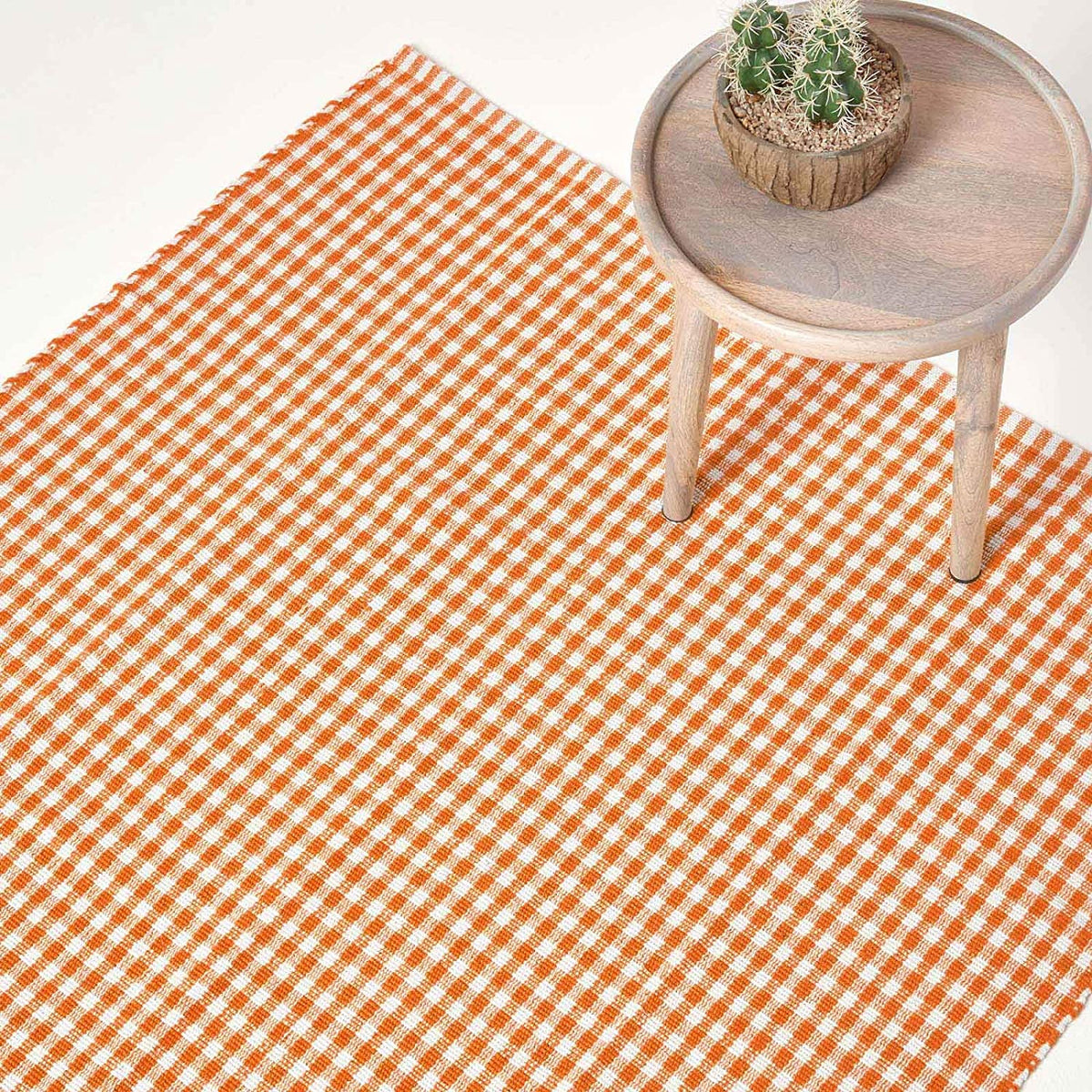 Cotton Gingham Check Rug Hand Woven | 120cm x 80cm | Orange
