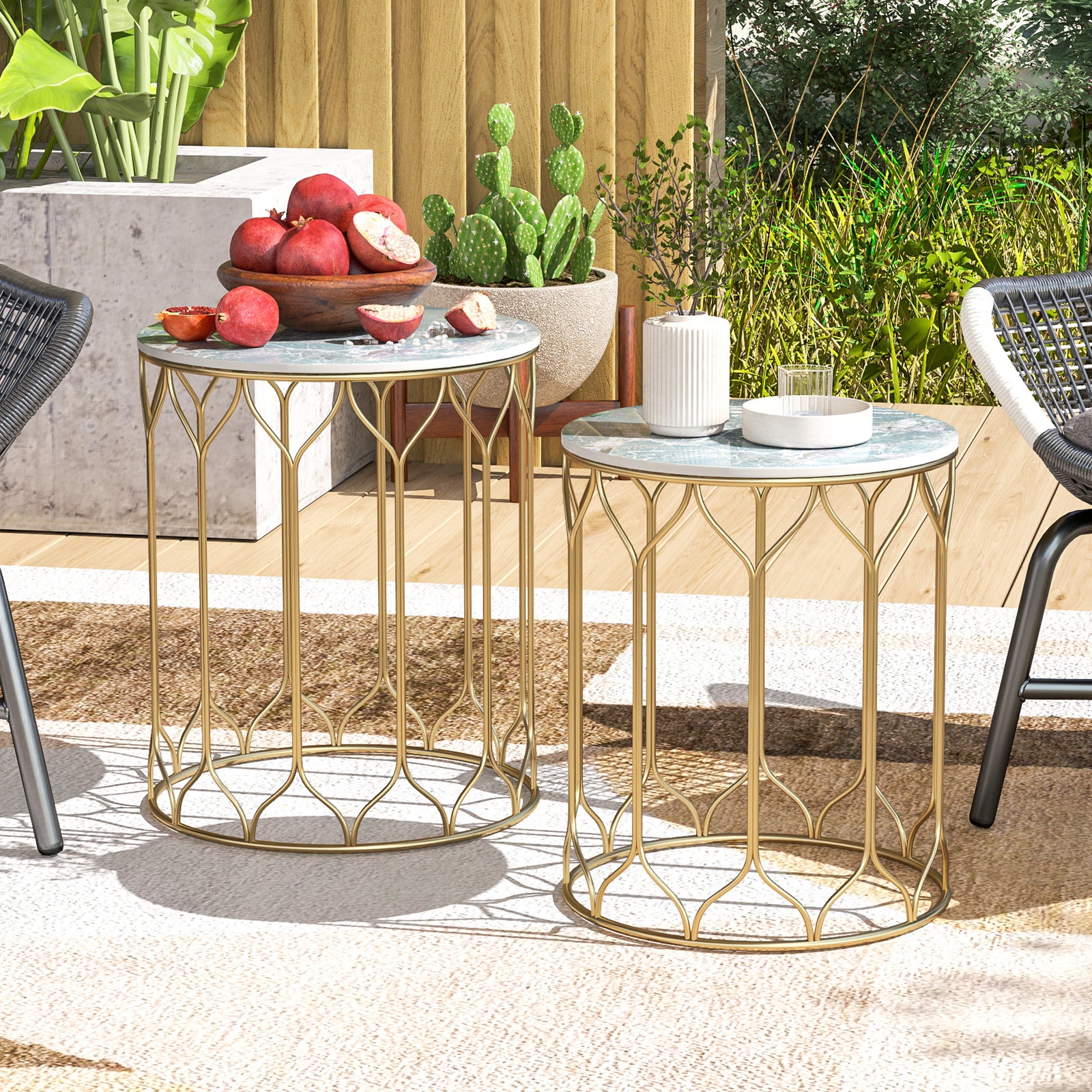 Nesting Small Garden Table Set Of 2 W/ Marble Effect Top | Multi Colour