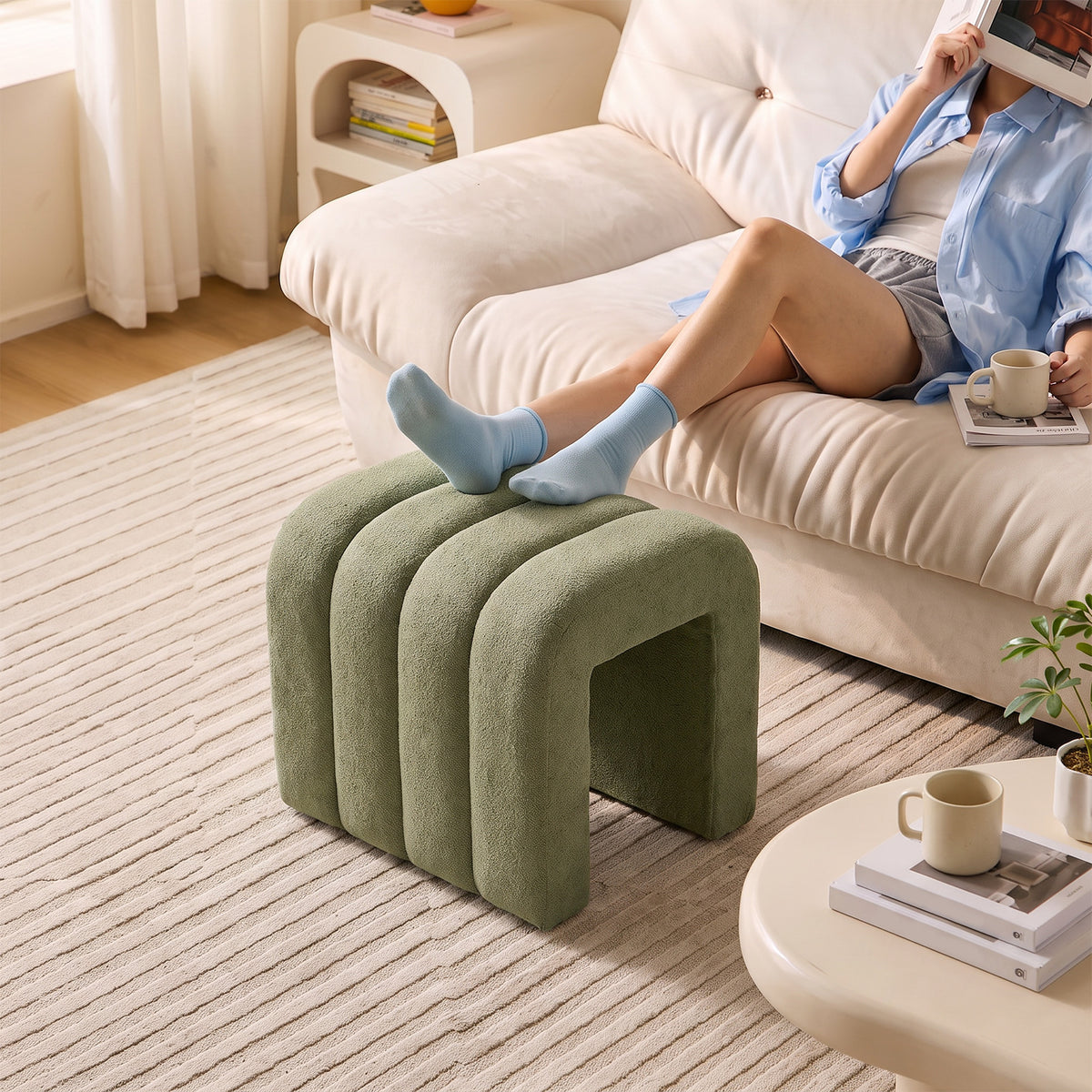 Modern U-shaped Upholstered Footstool | One Size | Green
