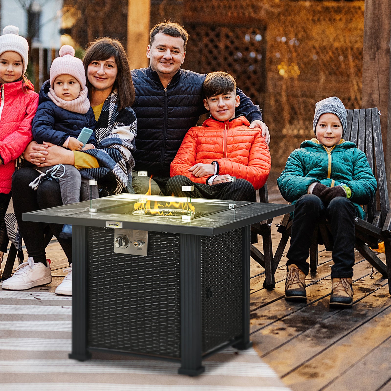 Pe Rattan Gas Fire Pit Table With Marble Desktop, Rain Cover