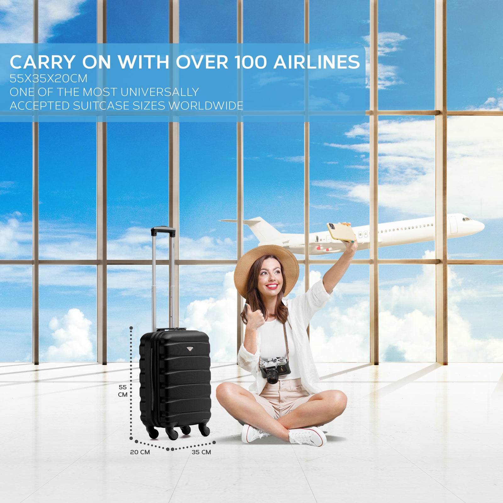 55x35x20cm Lightweight 4 Wheel Cabin Carry On Suitcase Overhead Case Approved For 100+ Airlines With Integrated Tsa Lock | 55 x 35 x 20cm | Black