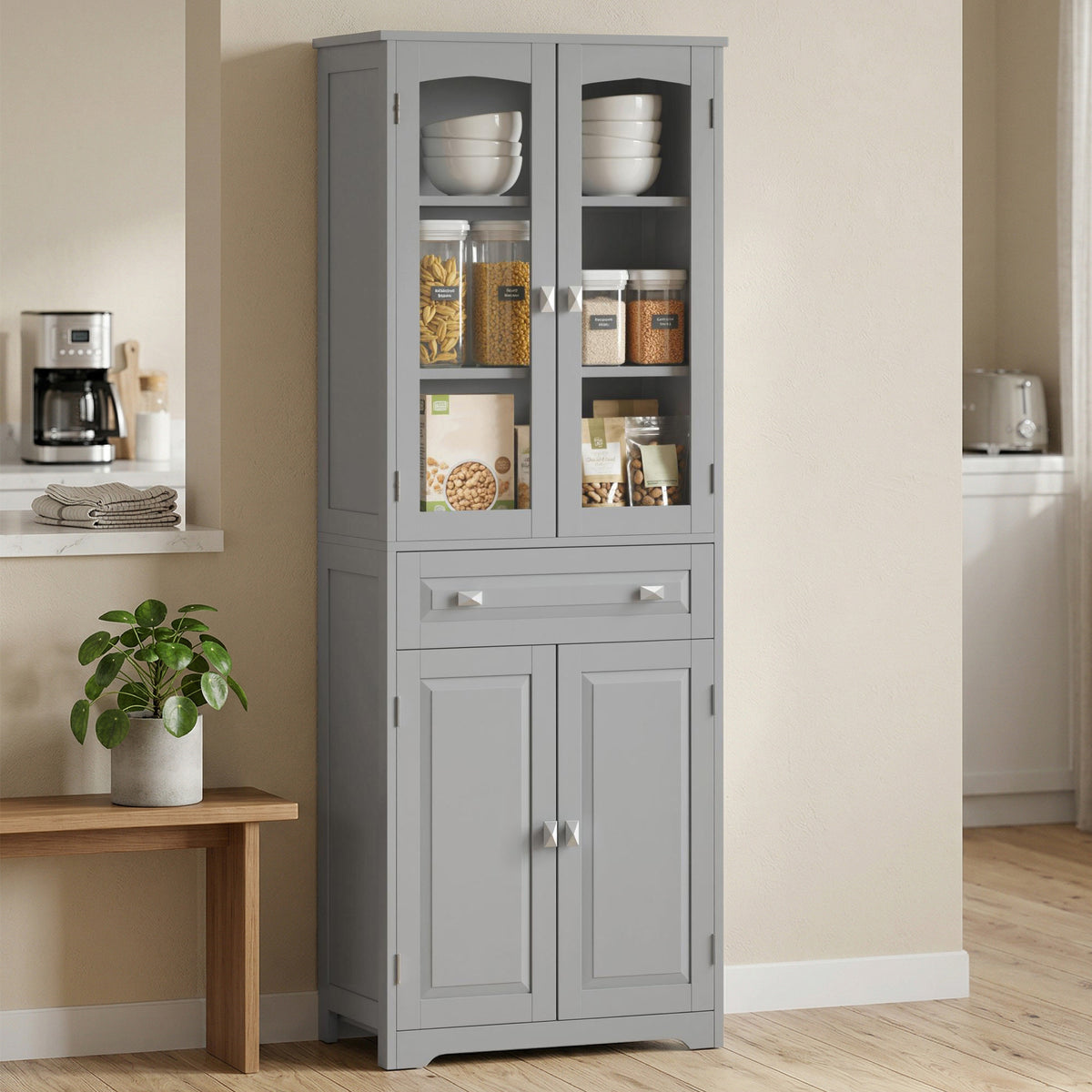 HOMCOM Kitchen Cupboard Storage Cabinet Adjustable Shelves, Glass Door Grey