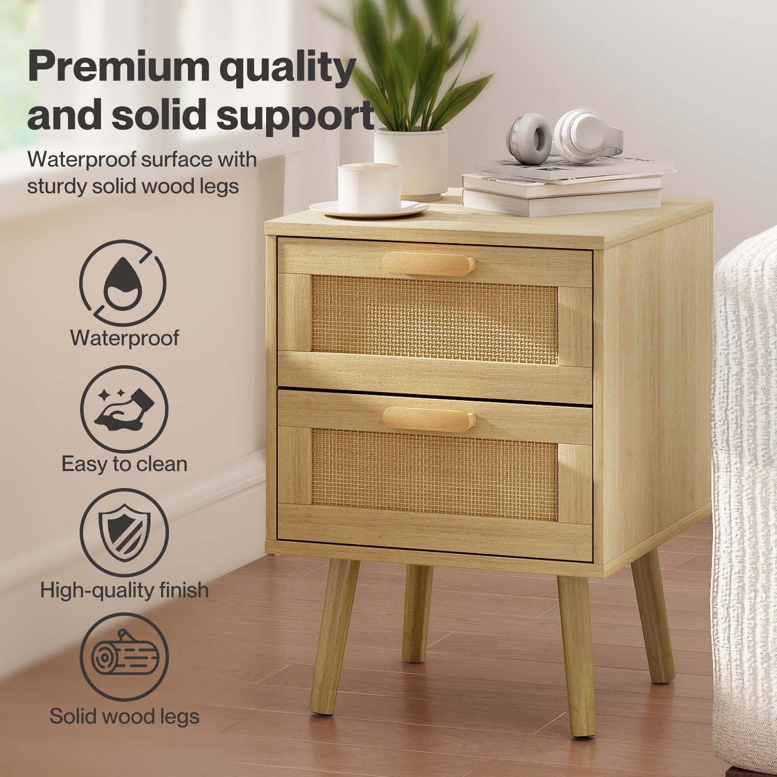 Levede Bedside Table Rattan 2 Pack Drawers Nightstand 57cm Bedroom Bamboo
