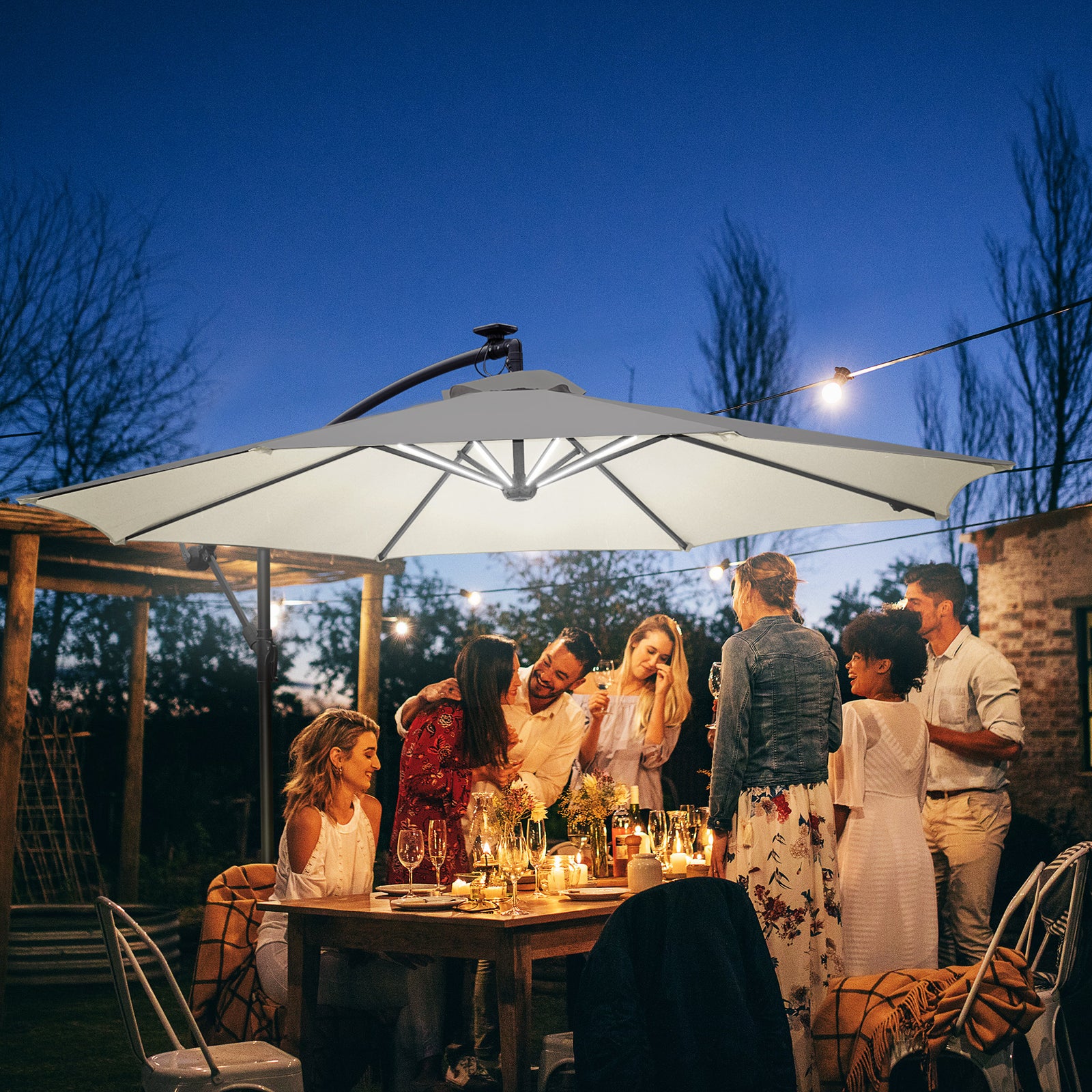 3m Led Patio Parasol W/ Solar Lights & Base | Cream