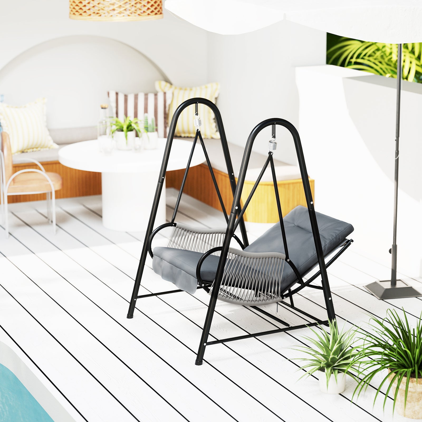 Rattan Swing Chair With Stand And Seat Cushion | Light Grey