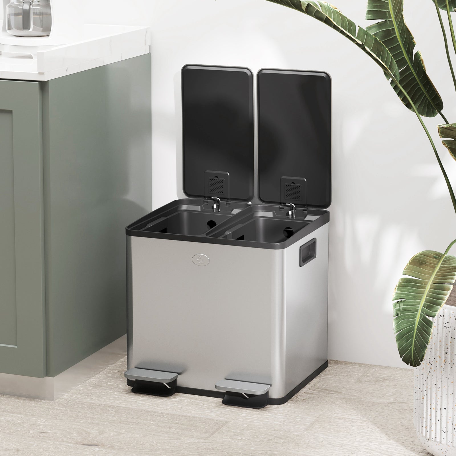 Dual Kitchen Bin Pedal Bin For Recycling And Waste, Silver Tone | M | Silver