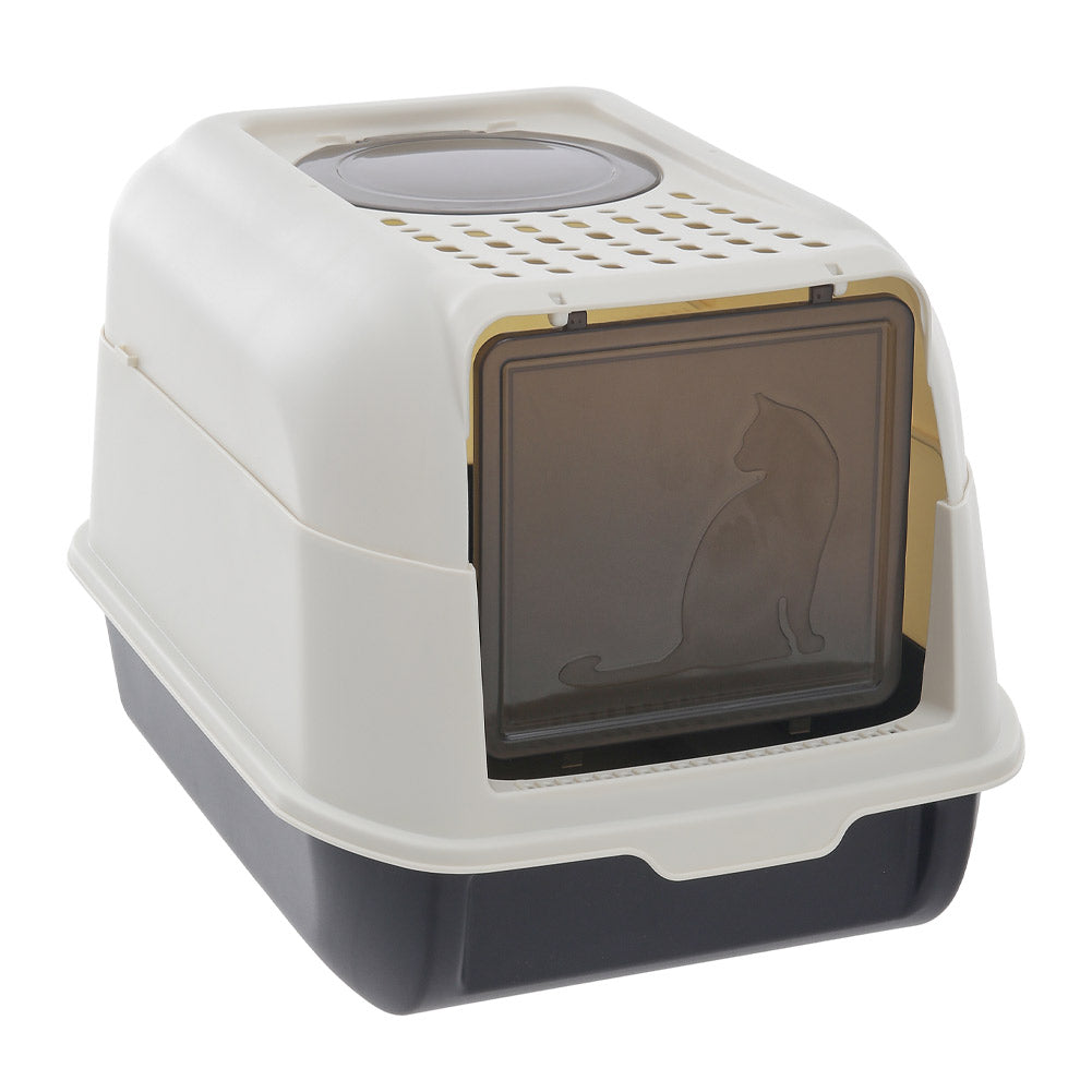 Large Hooded Top Entry Cat Litter Box With Scoop | Black