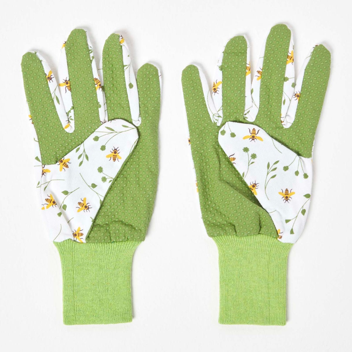 Green And White Gardening Gloves With Floral Bee Design