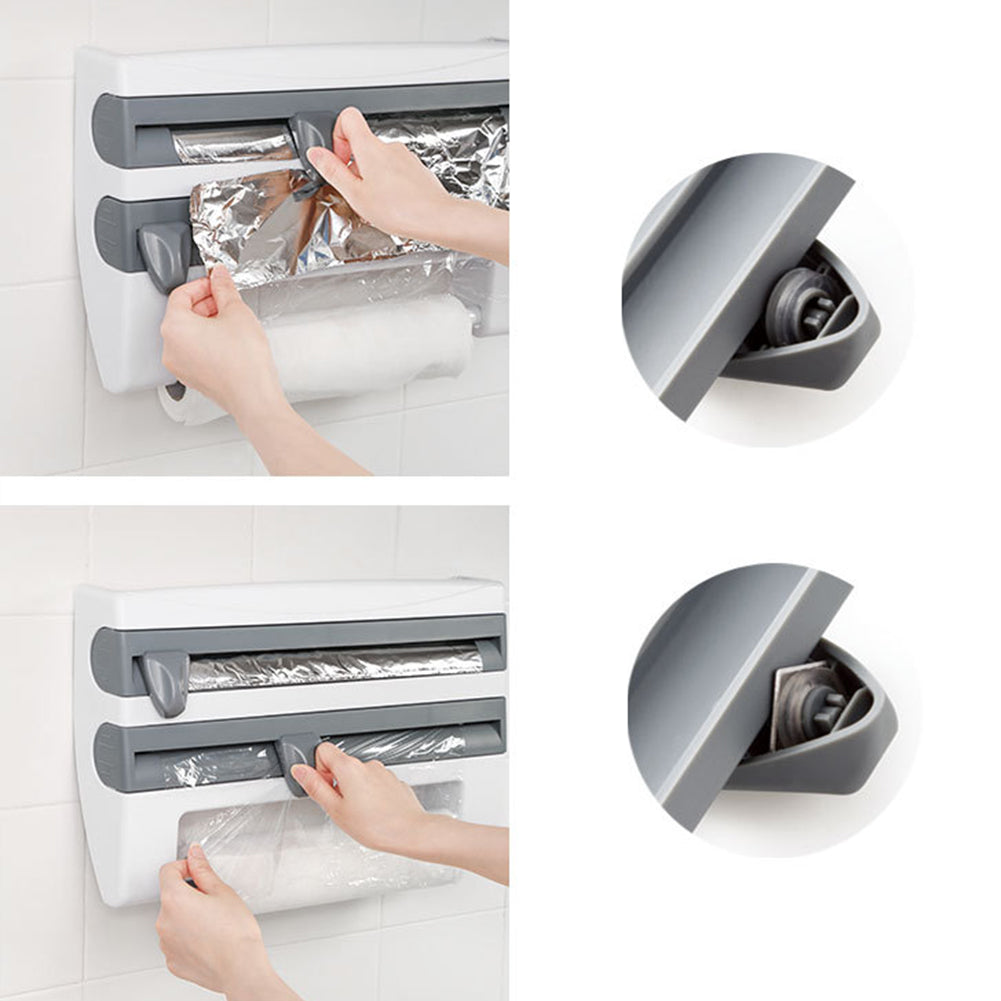 Kitchen Cling Foil Wrap Dispenser With Cutter, Spice And Towel Rack