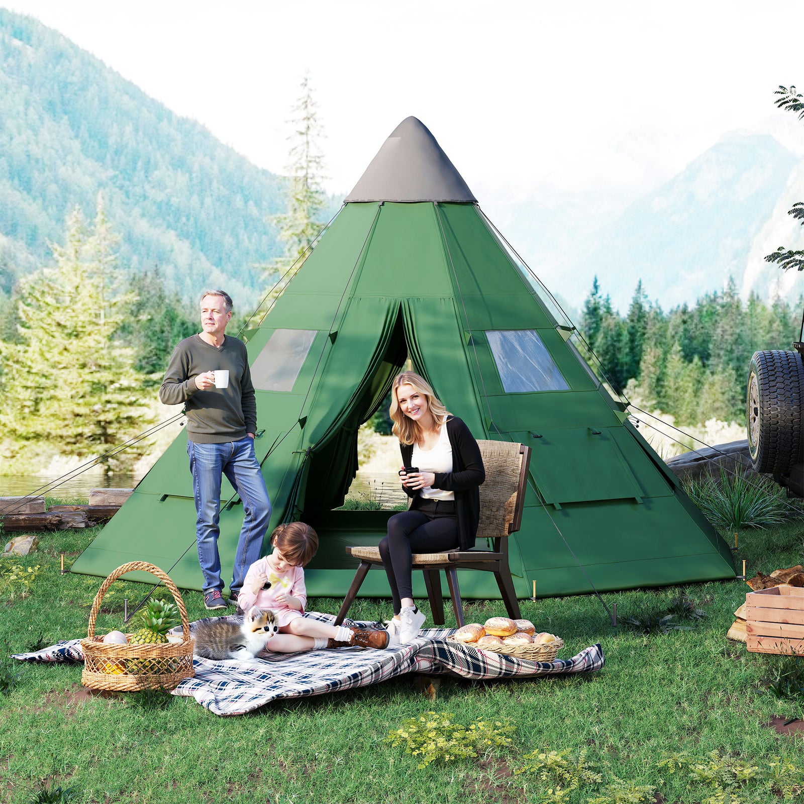 6 Man Tent Metal Poles Water-resistant Walls Windows Door | Green