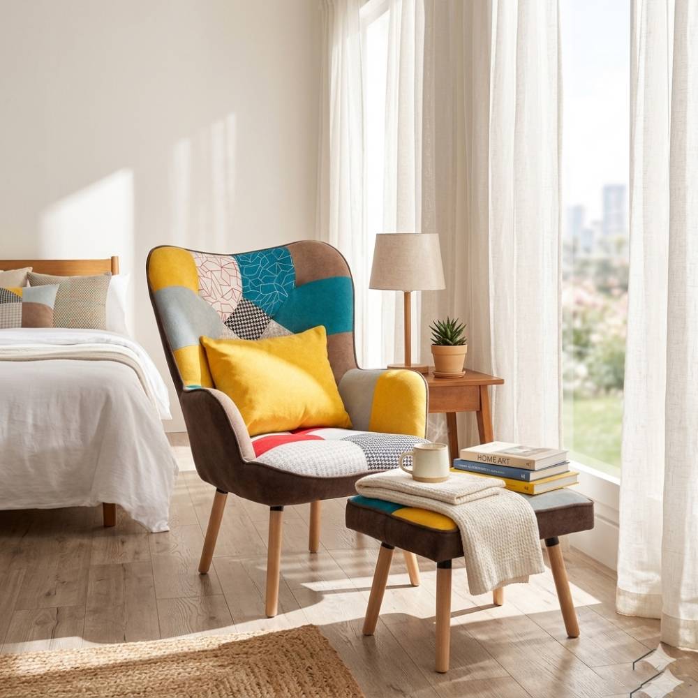 Upholstered Wingback Armchair With Footrest And Cushion