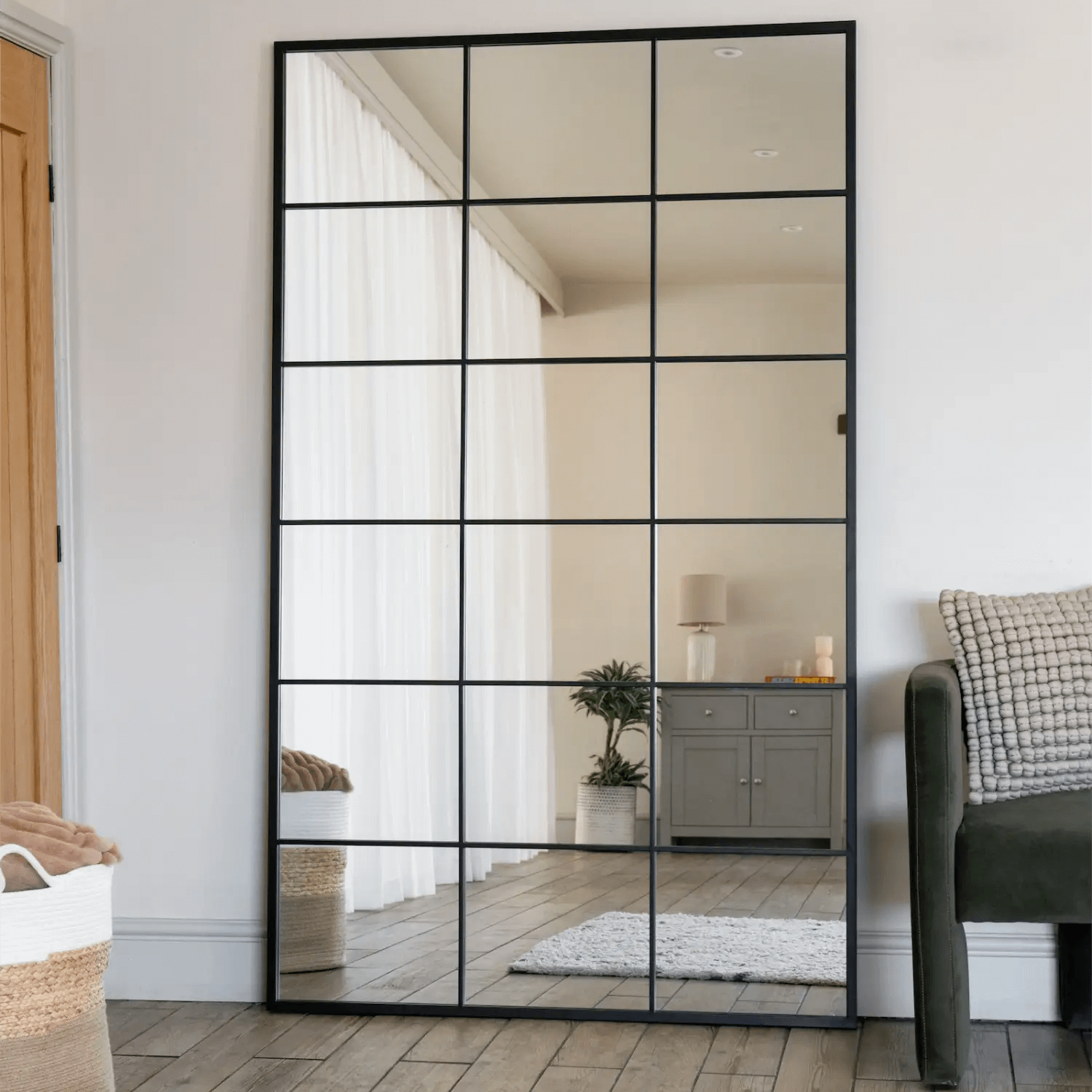 Kyō - Metal Rectangle Lattice Window Mirror | 180cm x 105cm | Black