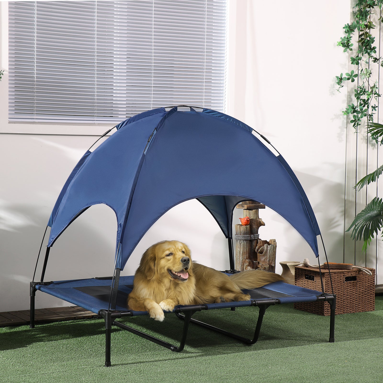 Pawhut 122cm Elevated Dog Bed Cooling Raised Pet Cot Uv Protection Canopy | Blue
