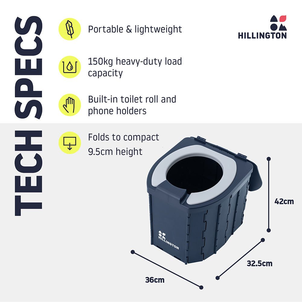 Hillington Portable Camping Toilet 150kg - Foldable With Padded Seat & Complete Accessory Kit - Blue