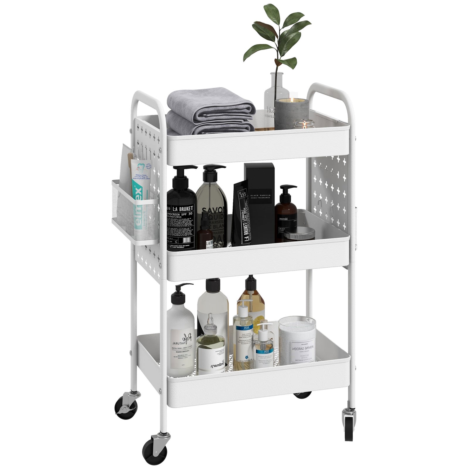 Rolling Utility Cart With 3 Mesh Basket, 2 Boxes, 6 Hooks