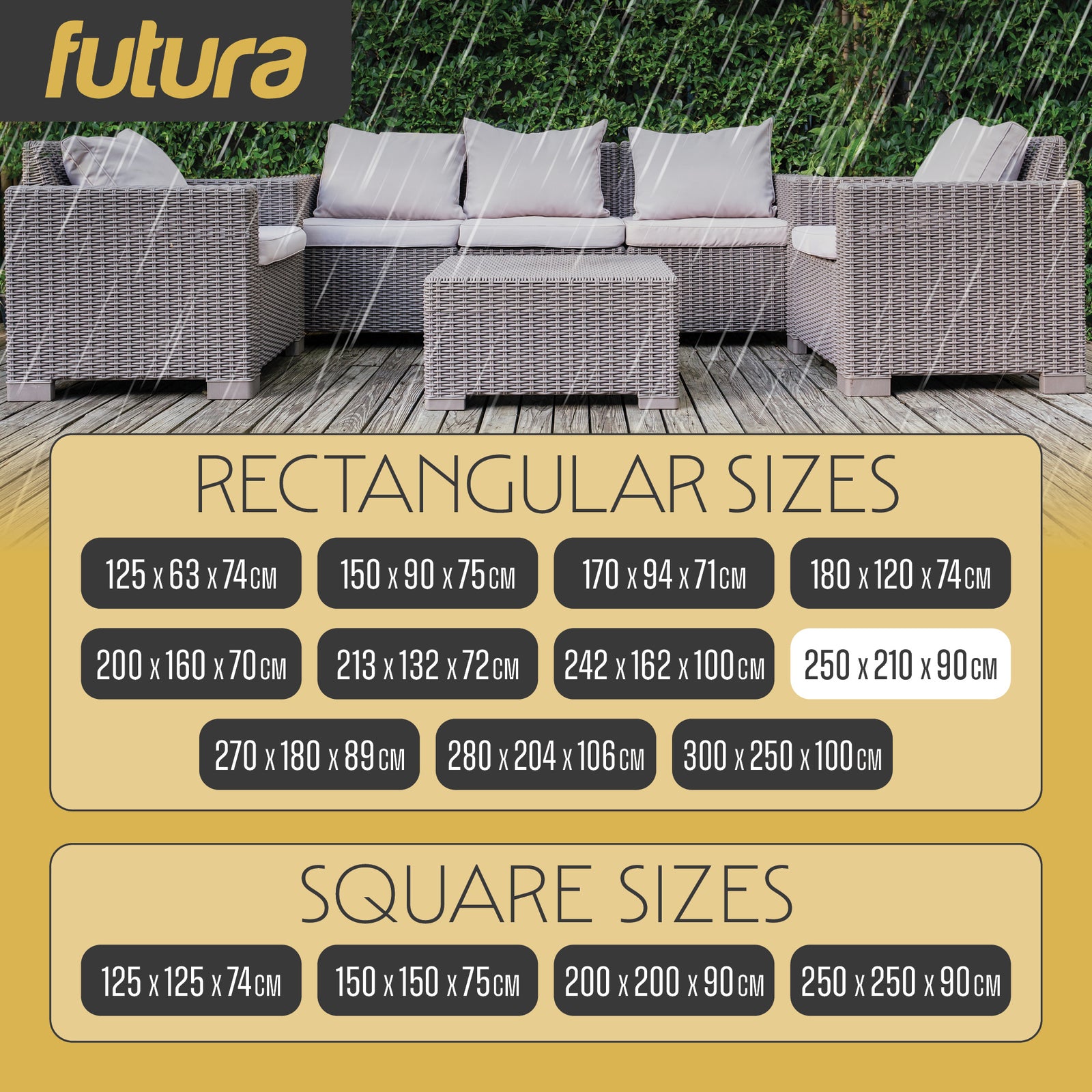 Premium Rectangular Waterproof Garden Furniture Cover, Outdoor Patio Weatherproof Rattan Sofa Guard | 250 x 210 x 90cm | Black