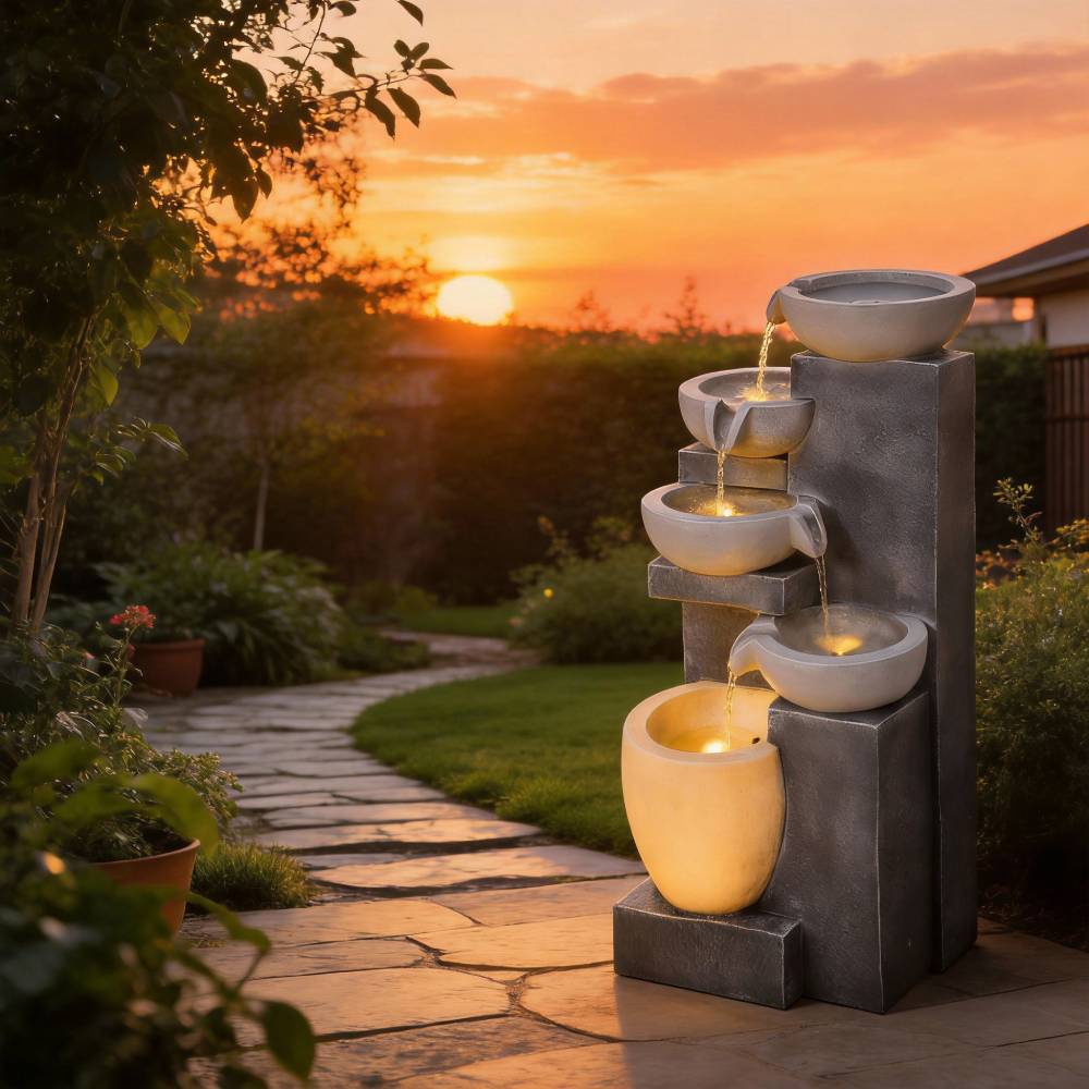 Solar-powered Outdoor Water Fountain With Led Lights – Modern Ceramic-style Multi-tier Garden Cascade