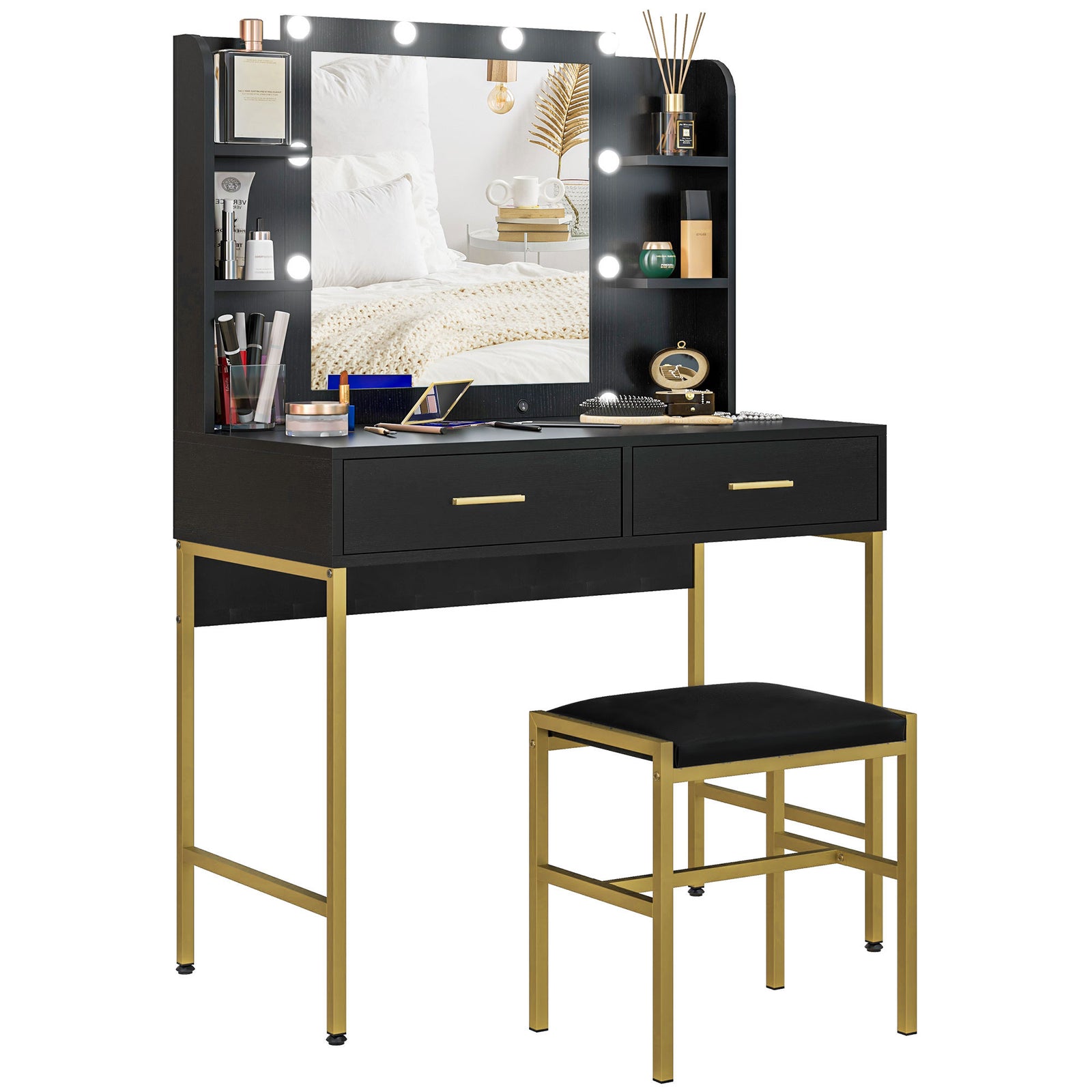 Makeup Vanity Desk Set With Lighted Mirror Stool | One Size | Black