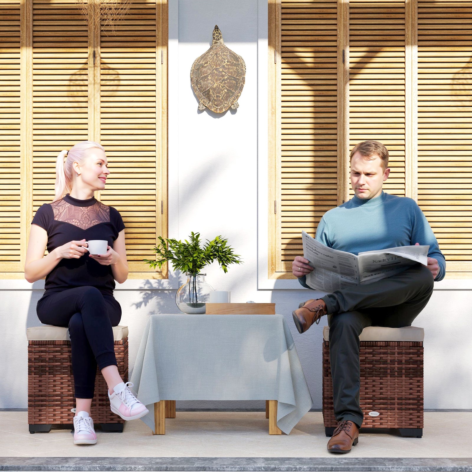 Set Of 2 Rattan Footstool, Storage Ottoman W/ Cushions | Beige