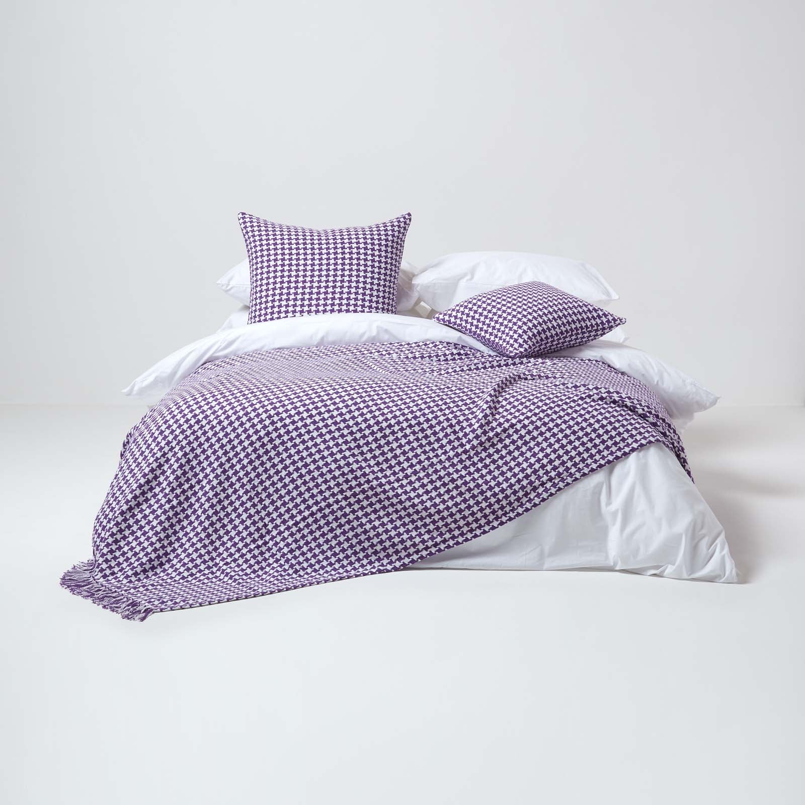 Houndstooth Design 100% Cotton Bedspread Throw | 225cm x 255cm | Purple