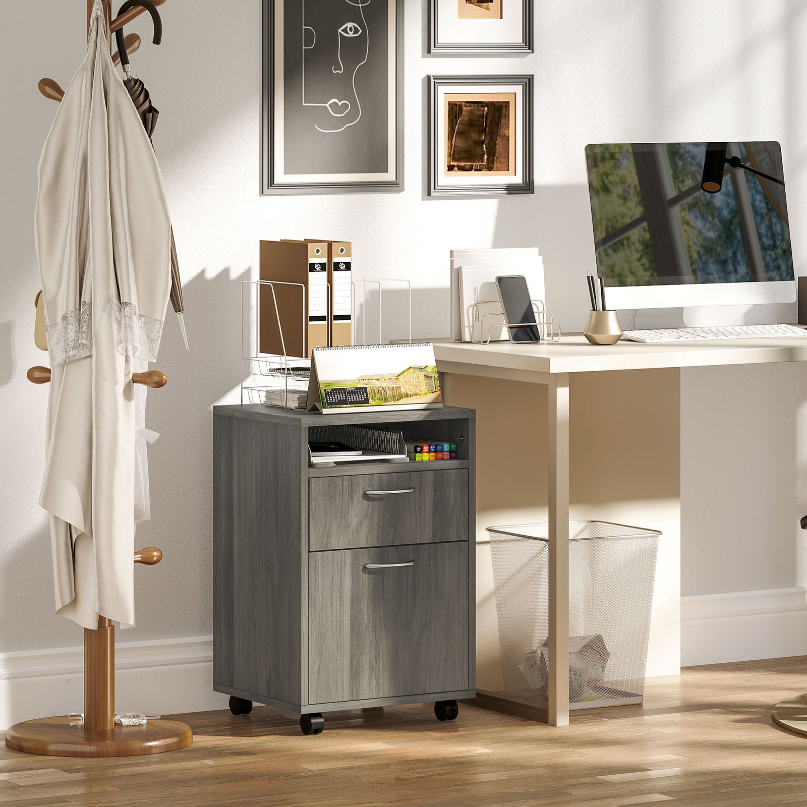 60cm Filing Cabinet With Drawers And Open Shelf | Gray