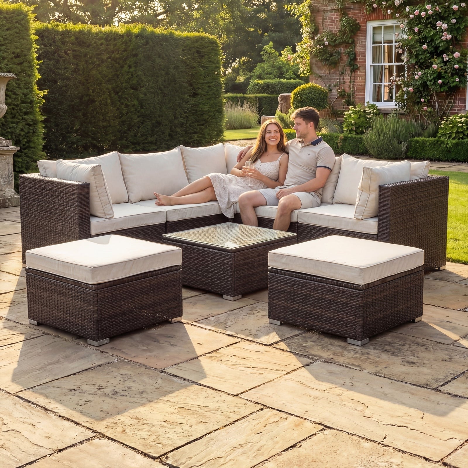Oliena Modular Rattan L-shaped Corner Garden Furniture | 6 Piece | Cream & Brown
