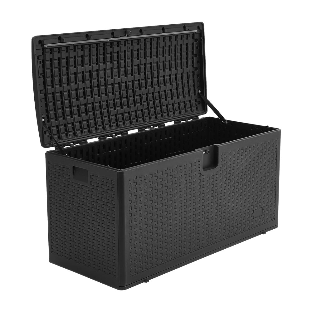 450l Rattan Deck Storage Box – Large Outdoor Garden Furniture Organizer, Weatherproof Patio Storage Chest | Black